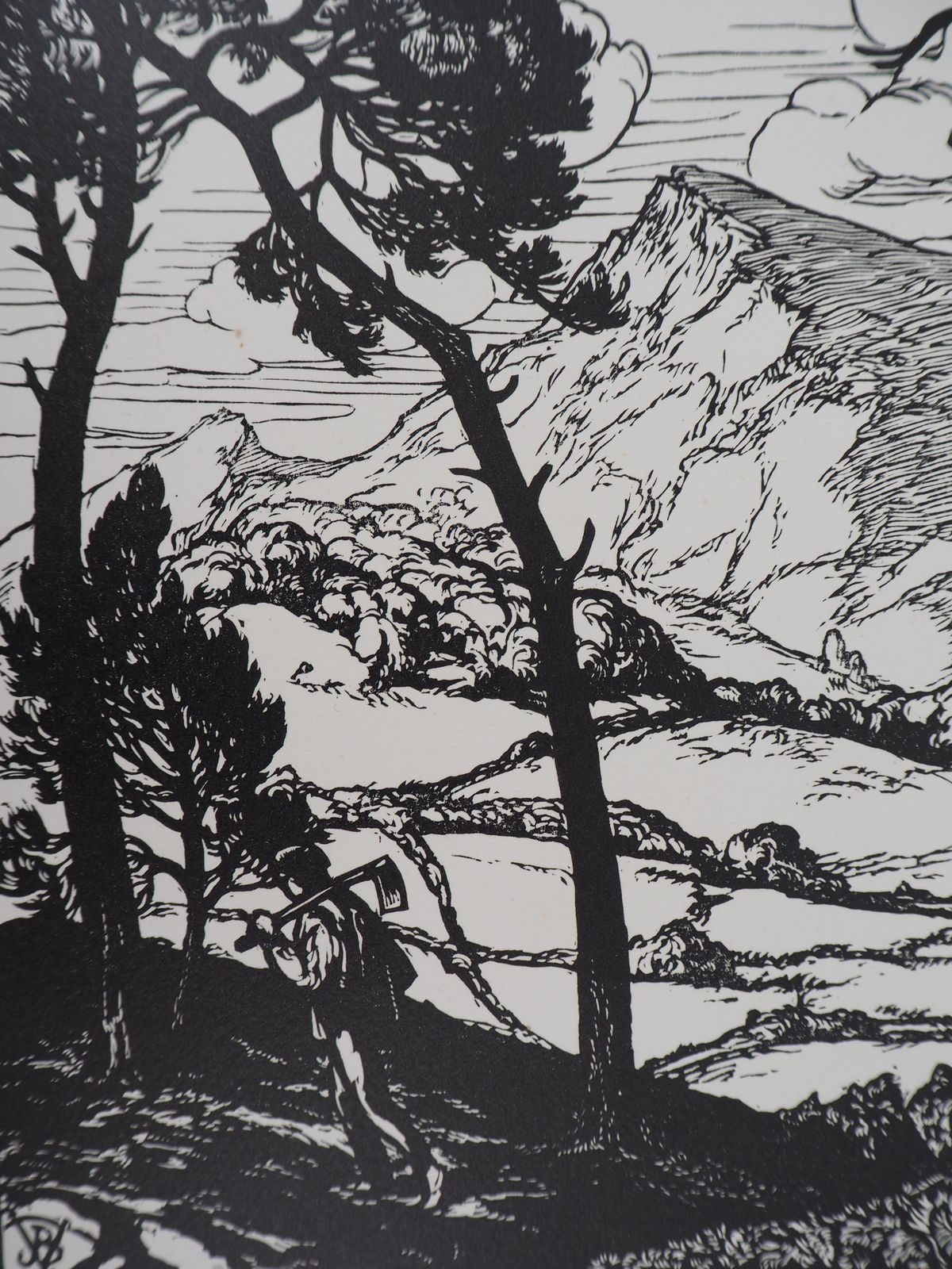 Jean Baptiste Vettinerworker In A Landscape With Pine Trees   Original Wooodcut, Handsigned1922 photo for sale