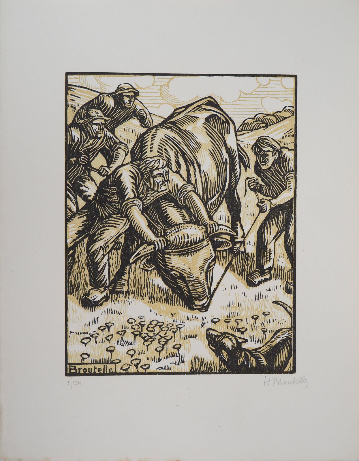 Honoré Broutellethe Untamed Bull   Original Woodcut, Handsigned1922 photo for sale