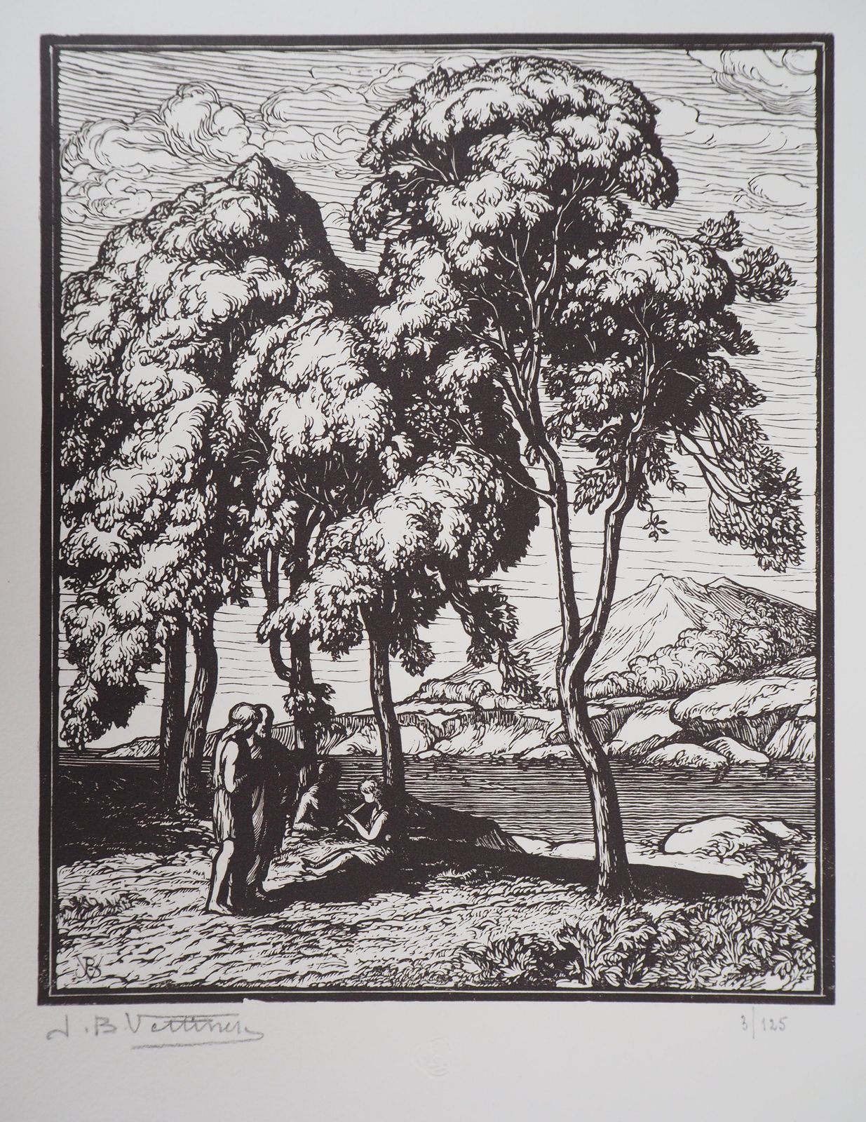 Jean Baptiste Vettinerthe Philosophers : Quiet Walk Near The Sea  Original Wooodcut, Handsigned1921