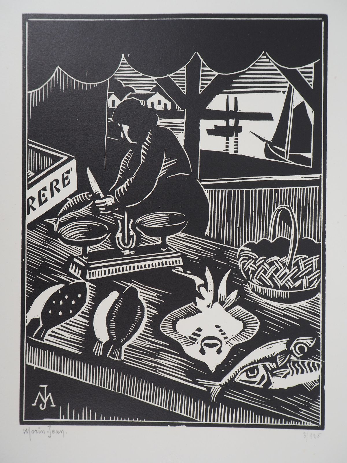 Morin Jeanfish Market In Brittain   Original Wooodcut, Handsigned & Numbered1921