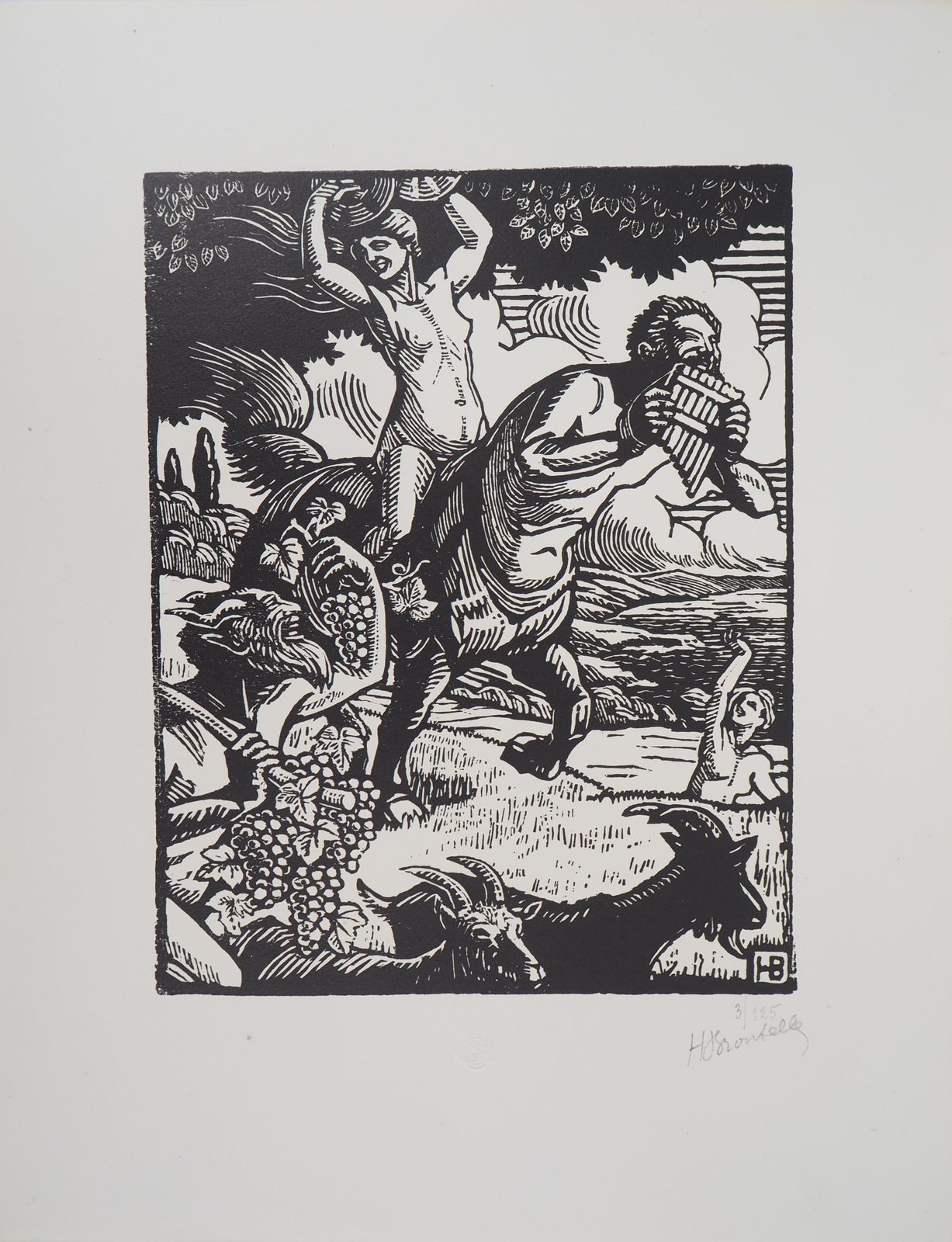 Honoré Broutellemythology : Grape Harvest With Faun And Centaur   Original Wooodcut, Handsigned1921 photo furniture