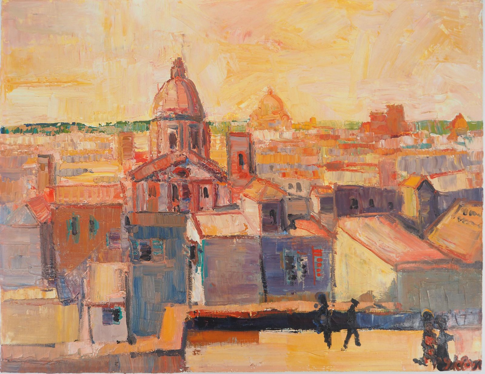 Pierre Yves Lelargeitaly : View On Rome At The Sunset   Original Oil On Canvas, Handsigned1968