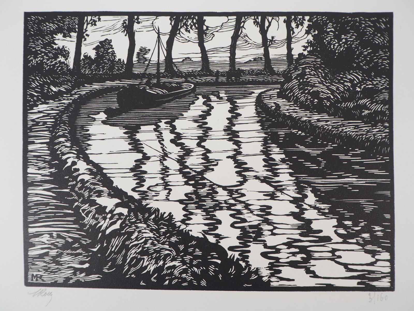 Maurice Rolletpeaceful Cruise On The Canal   Original Wooodcut, Handsigned & Numbered1927