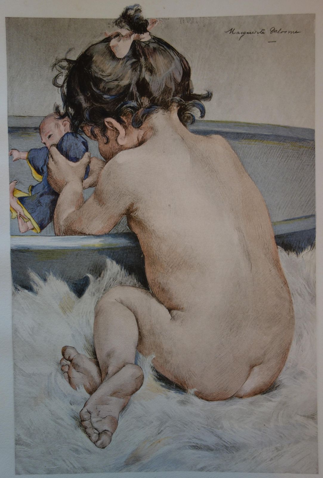 Marguerite Delormeyoung Girl Playing With A Doll   Original Lithograph 18991899 photo furniture