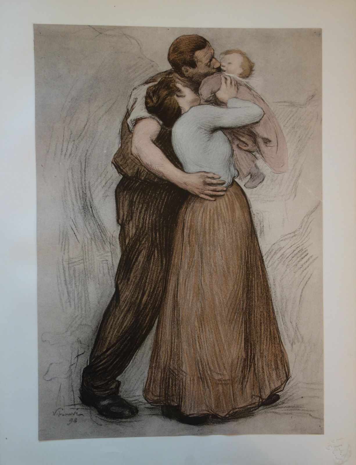 Victor Prouvefamily : Mother And Father Kissing A Baby   Original Lithograph   18981897 photo furniture