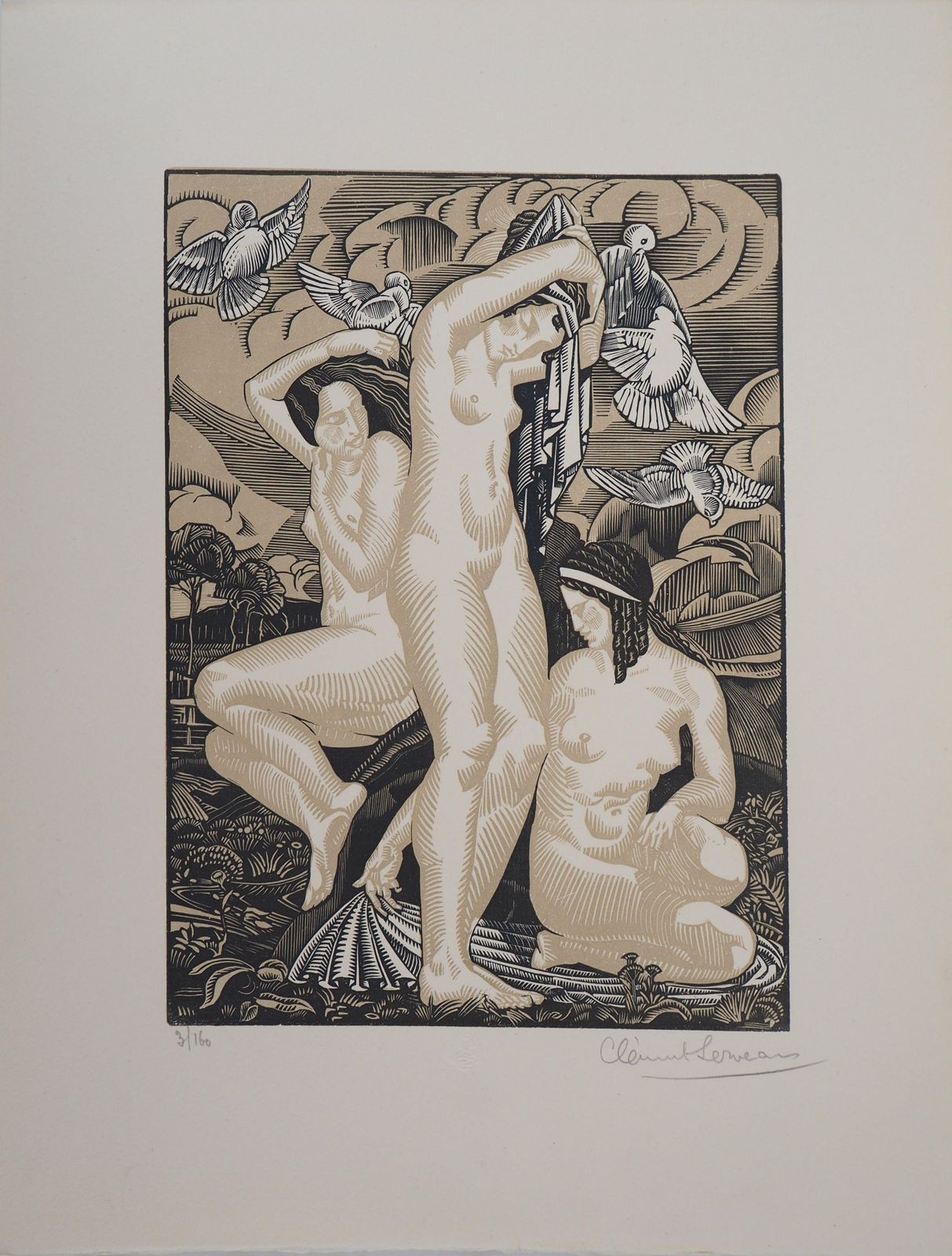 Henri Clement Serveauart Deco : Women With Doves   Original Wooodcut, Handsigned & Numbered1925 photo for sale