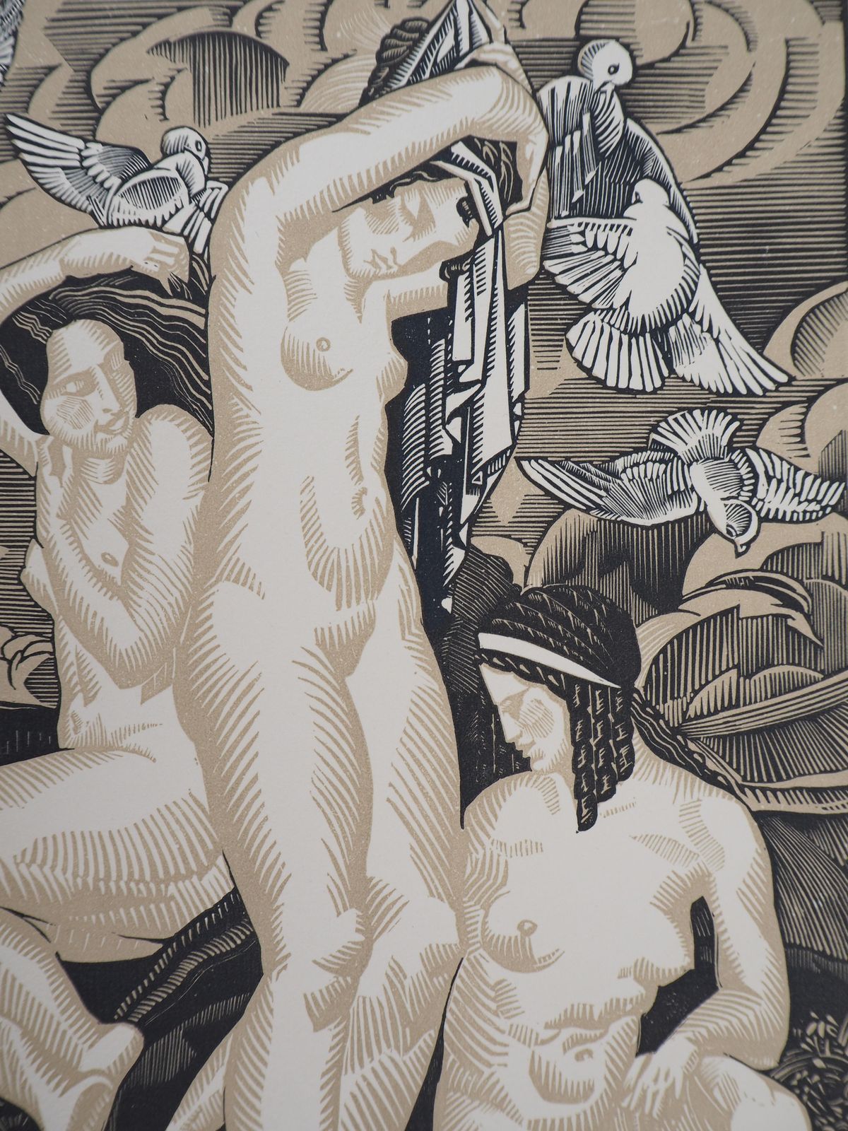 Henri Clement Serveauart Deco : Women With Doves   Original Wooodcut, Handsigned & Numbered1925 photo Art