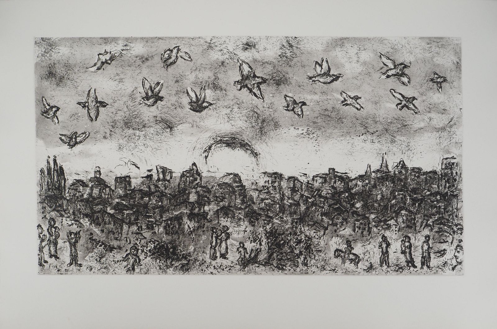 Marc Chagallon The Earth, Crowd And Birds   Original Etching (Cramer #103)1977