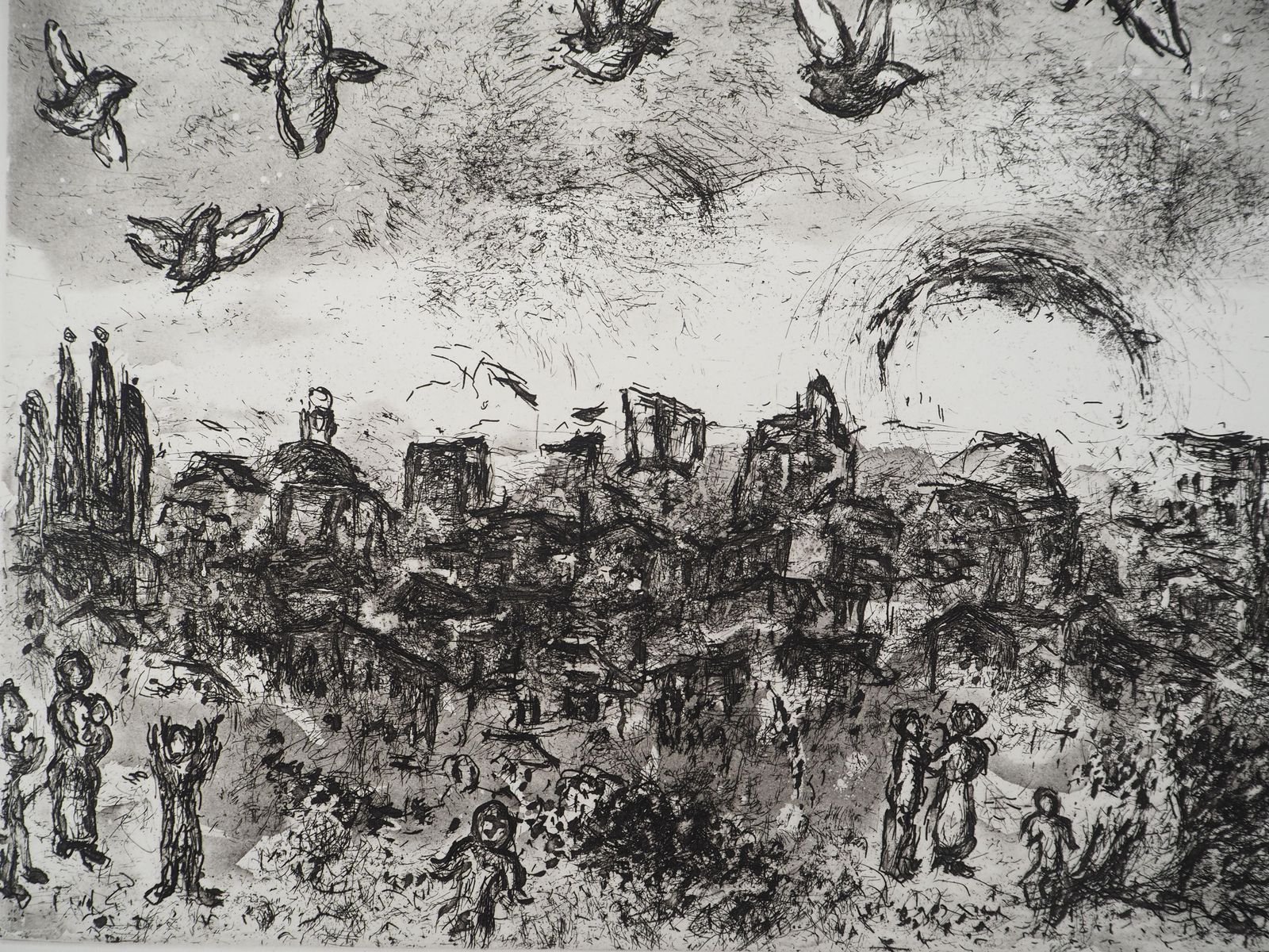 Marc Chagallon The Earth, Crowd And Birds   Original Etching (Cramer #103)1977 photo for sale