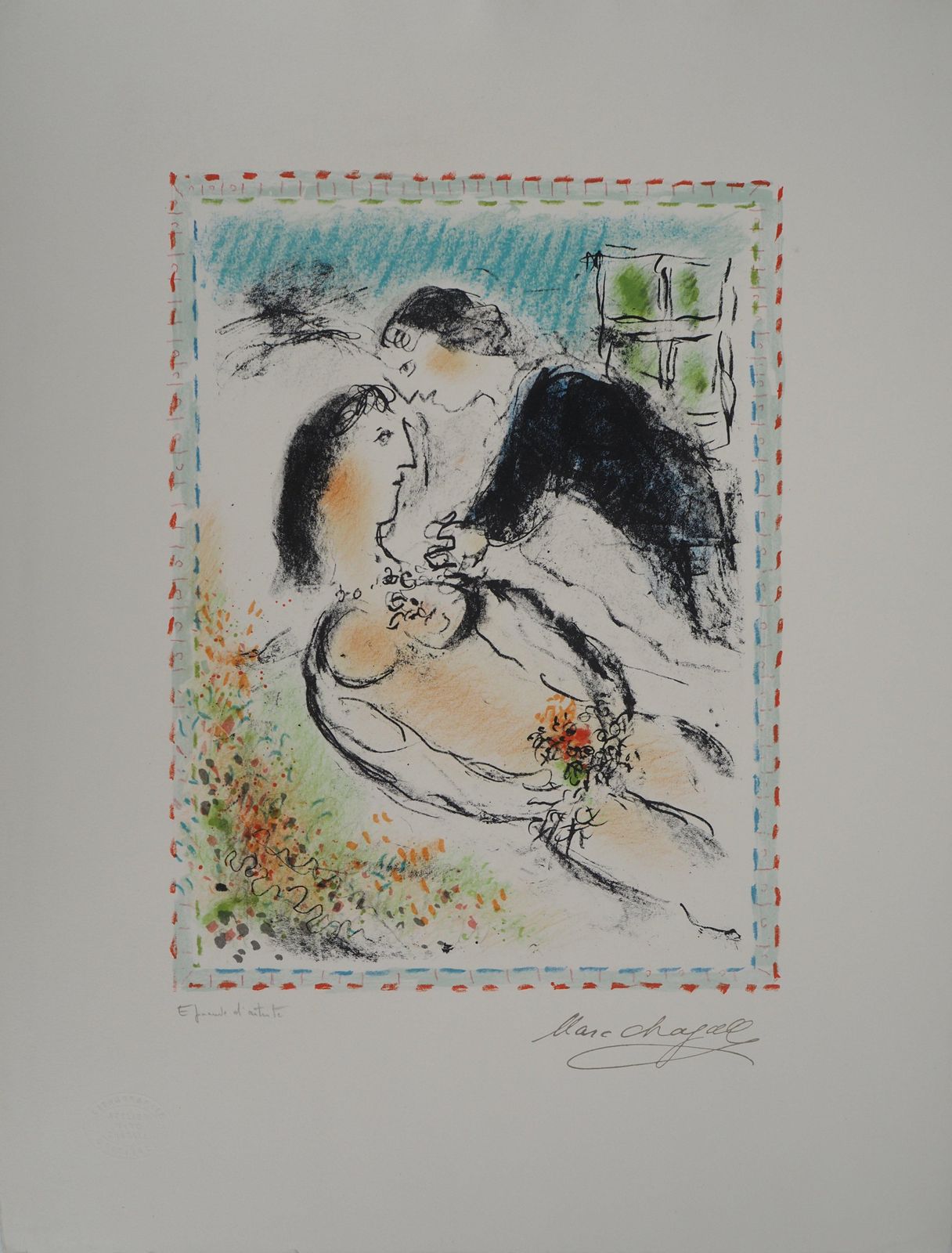 Marc Chagalllovers With A Bouquet Of Flowers   Original Lithograph Handigned (Mourlot #1037)1984