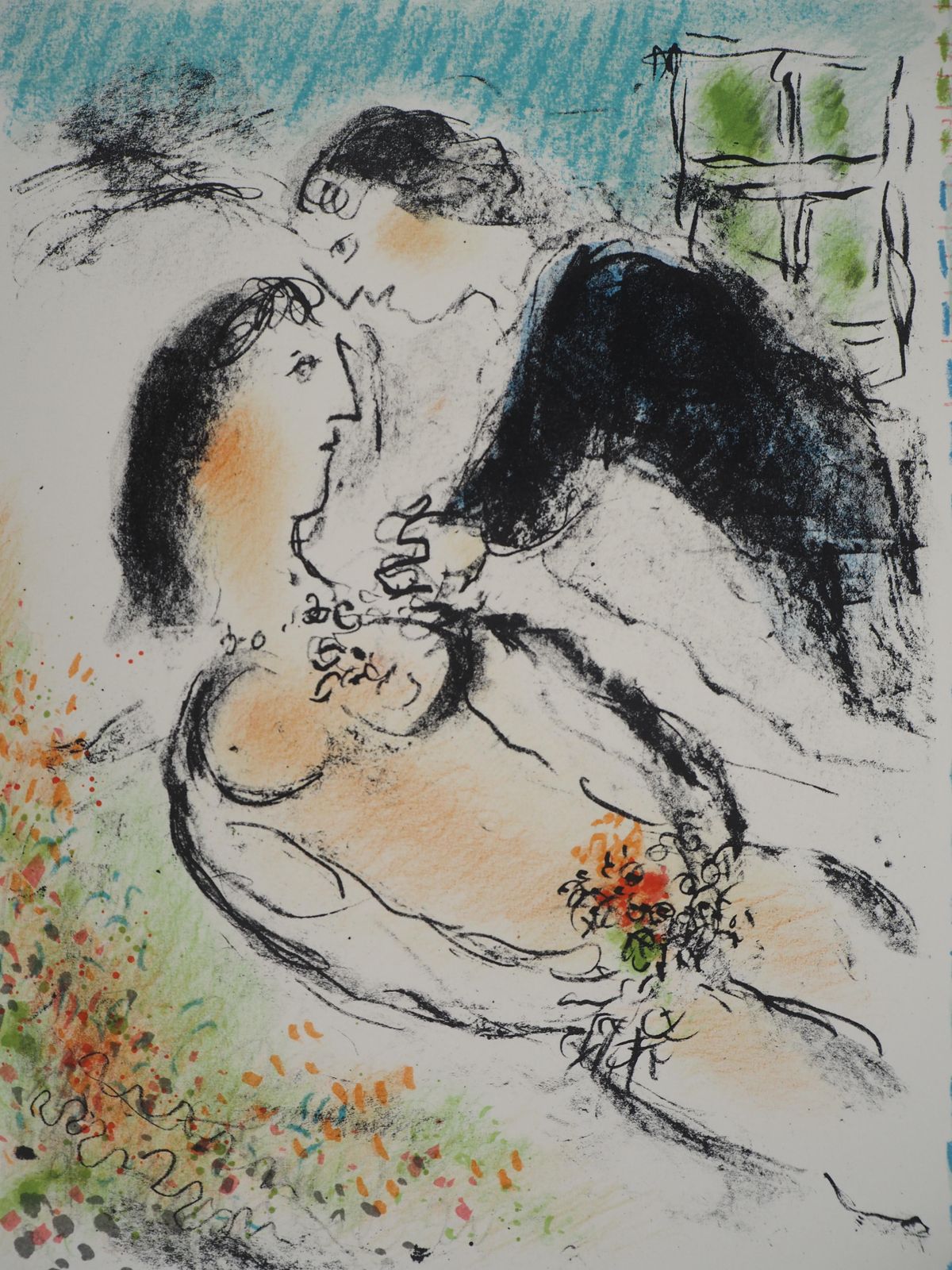 Marc Chagalllovers With A Bouquet Of Flowers   Original Lithograph Handigned (Mourlot #1037)1984 photo Art