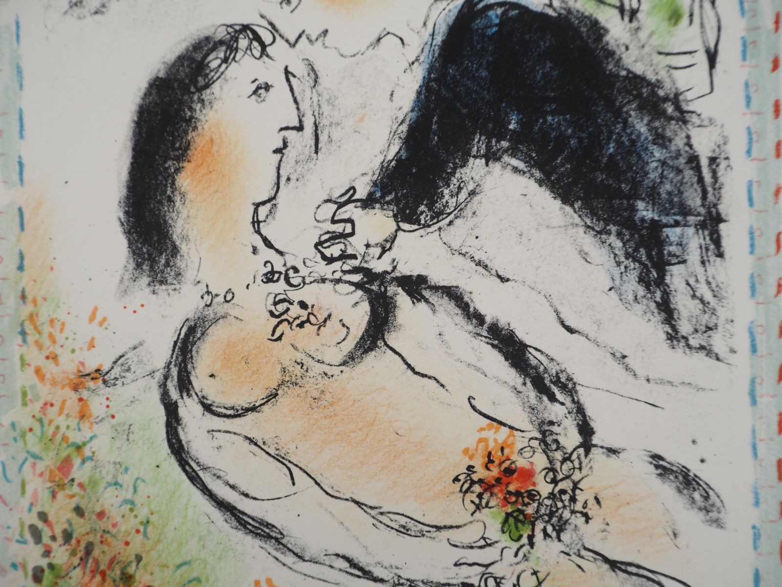 Marc Chagalllovers With A Bouquet Of Flowers   Original Lithograph Handigned (Mourlot #1037)1984 photo buy
