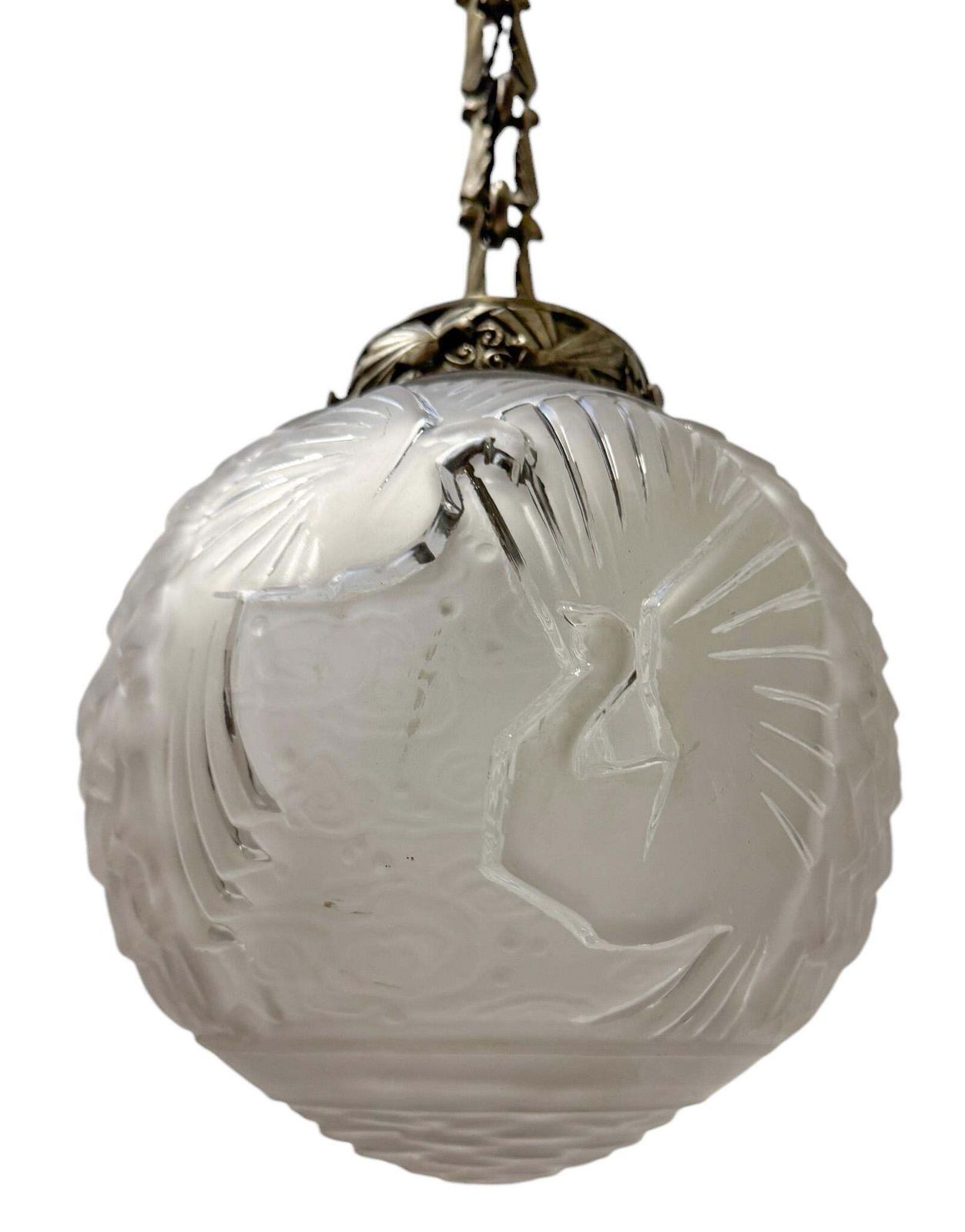photo furniture Muller Frères Luneville  Art Deco Pendant With Original Birds Shade, 1930s