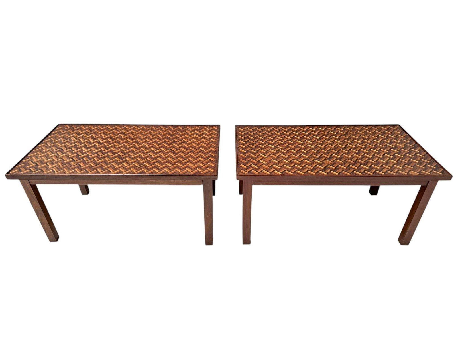 Pair Of Mid Century Modern Side Tables With Mosaic Inlaid Tops, 1960s photo for sale