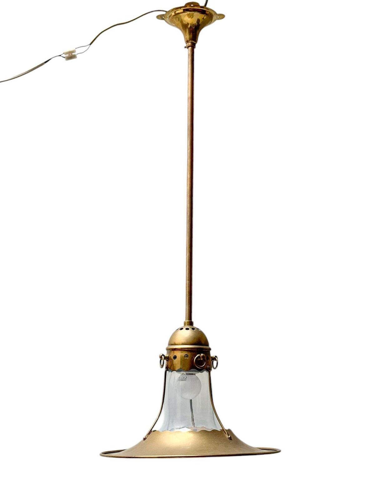 Arts & Crafts Brass Pendant With Origina Blownl Glass Shade, 1900s photo for sale