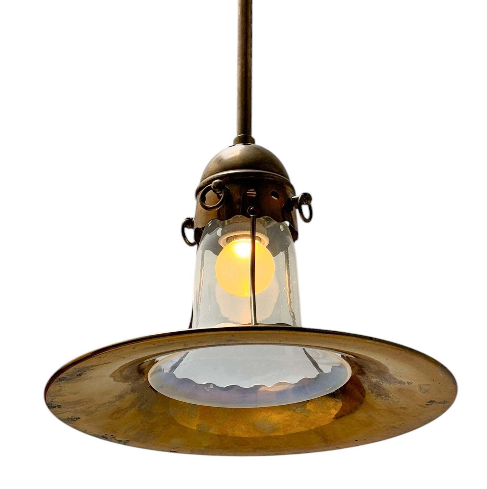 Arts & Crafts Brass Pendant With Origina Blownl Glass Shade, 1900s photo vinterior