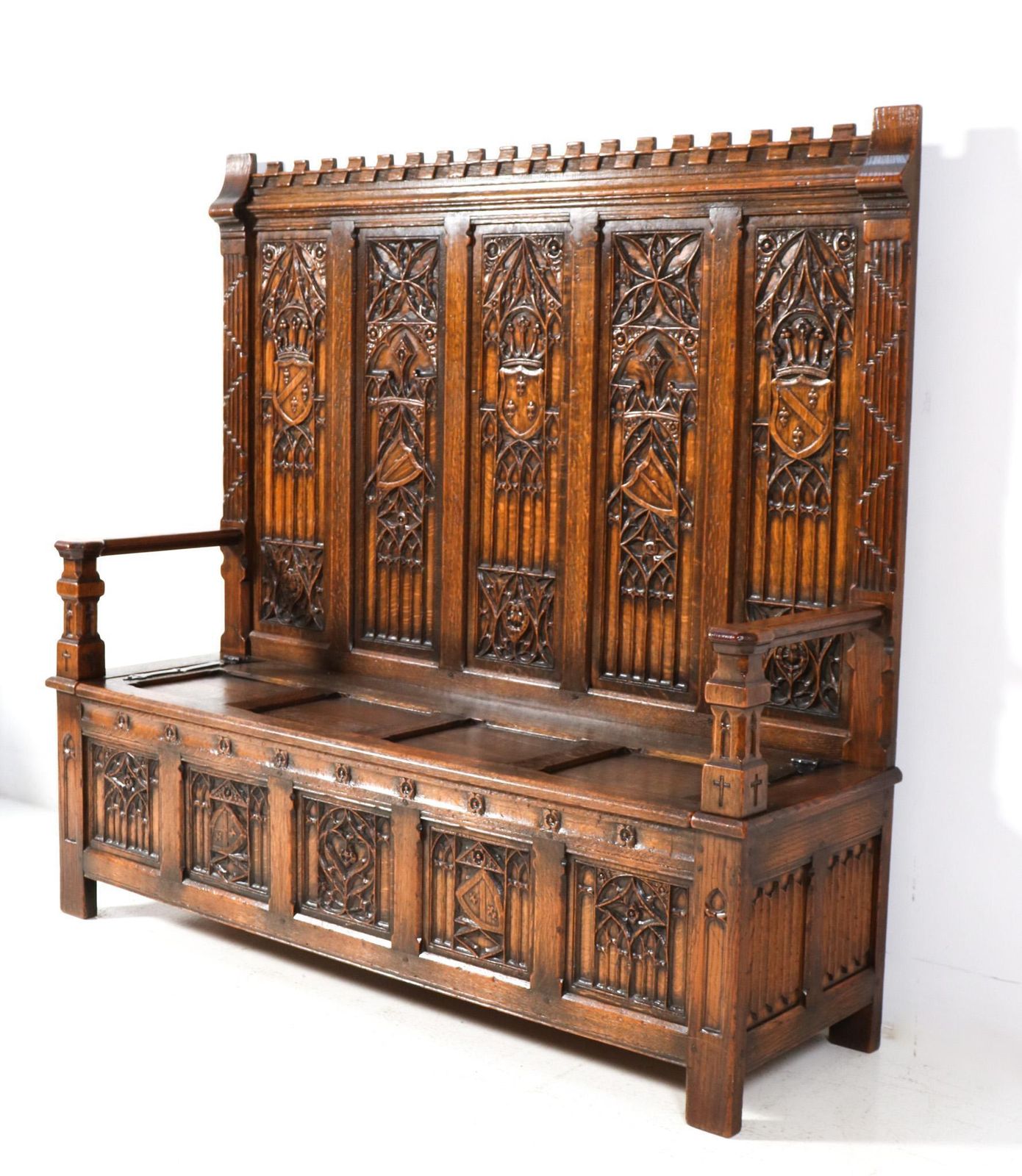 Gothic Revival Oak High Back Hall Bench, 1900s photo vinterior