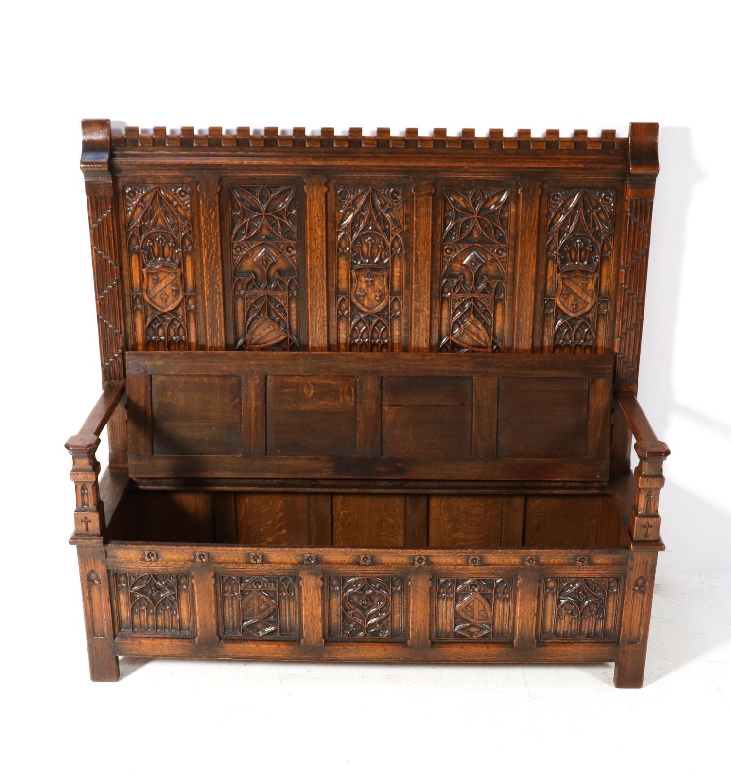 Gothic Revival Oak High Back Hall Bench, 1900s photo buy