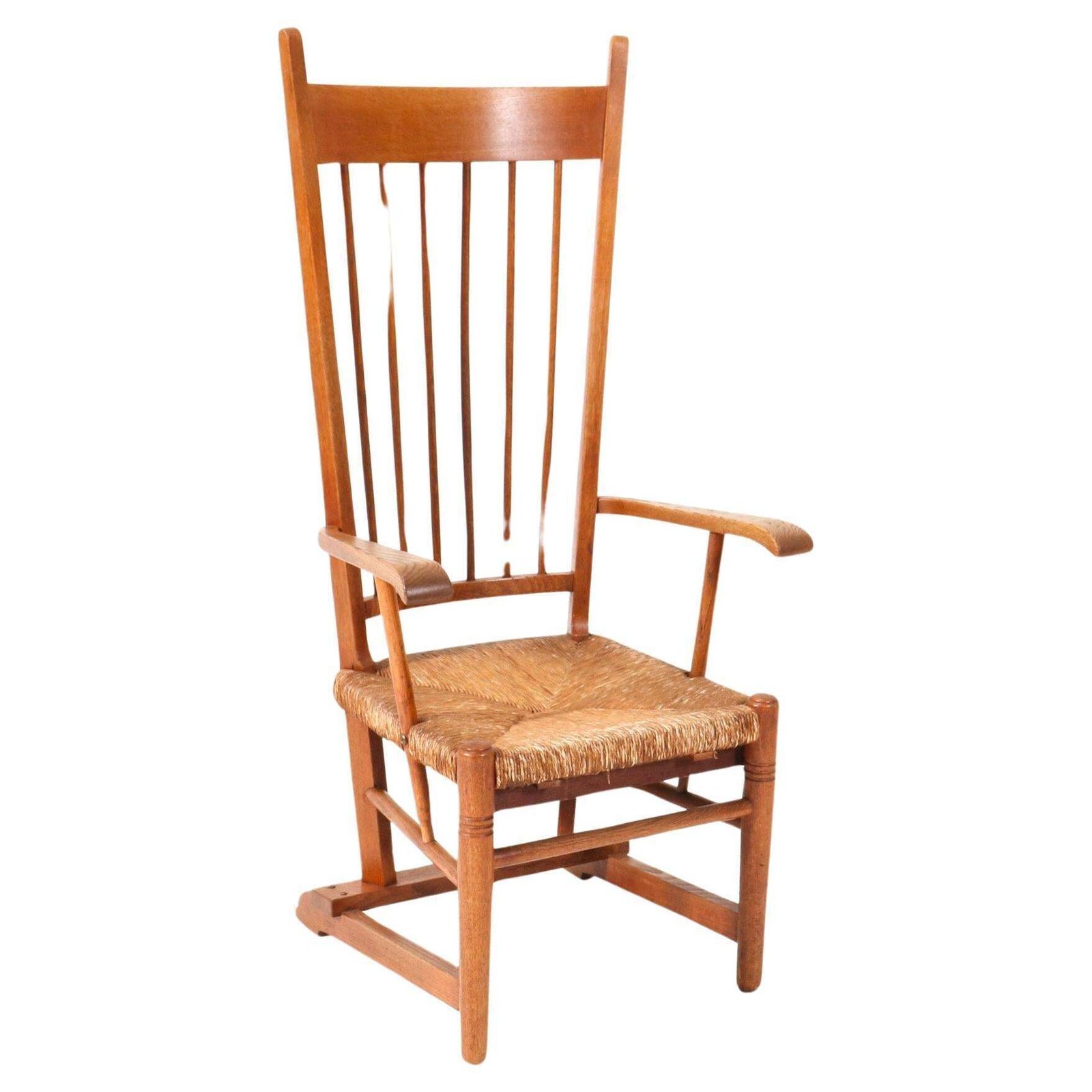 Oak Arts & Crafts Art Nouveau High Back Armchair With Rush Seat, 1900s