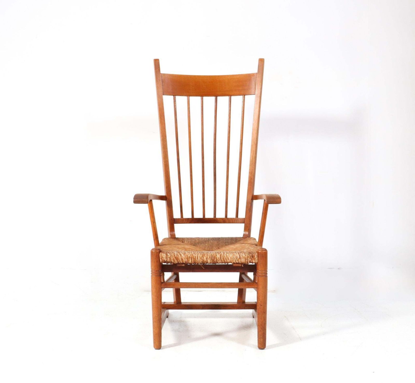 Oak Arts & Crafts Art Nouveau High Back Armchair With Rush Seat, 1900s photo furniture