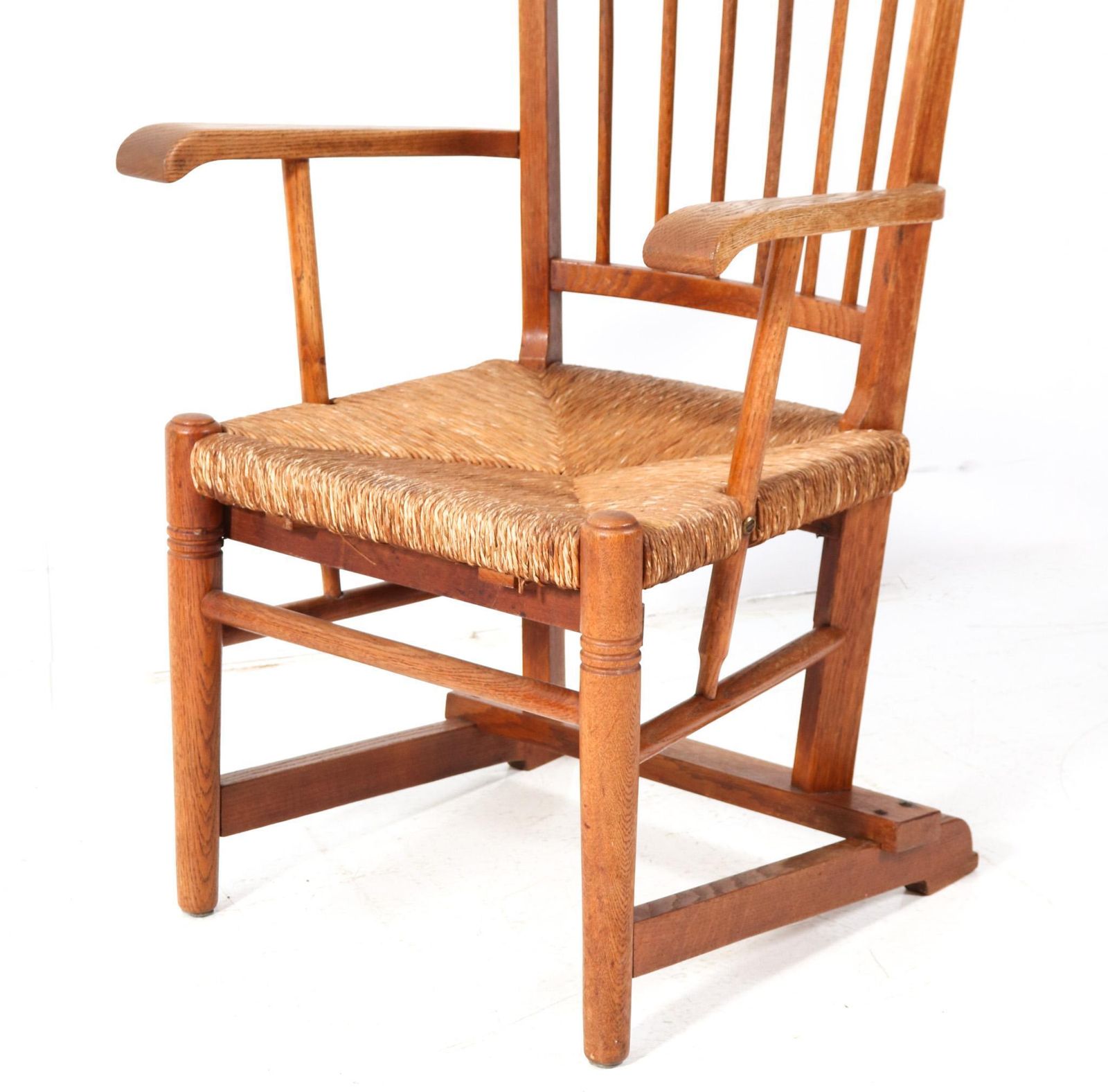Oak Arts & Crafts Art Nouveau High Back Armchair With Rush Seat, 1900s photo 986.0
