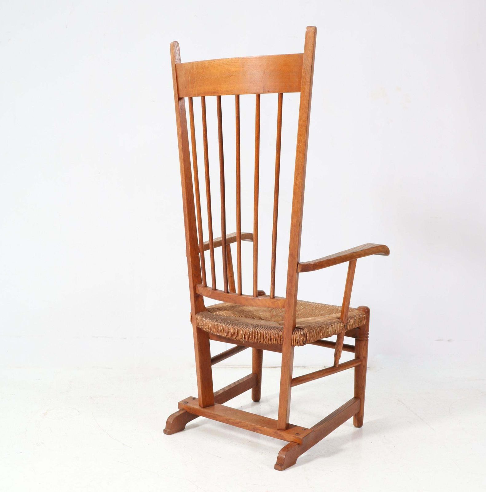 Oak Arts & Crafts Art Nouveau High Back Armchair With Rush Seat, 1900s photo vintage