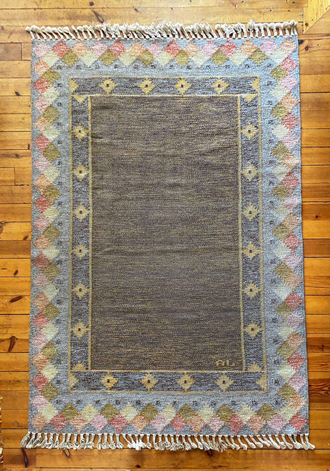 Scandinavian Modern Röllakan Pastel Color Flatweave Rug, Sweden, 1950s photo for sale