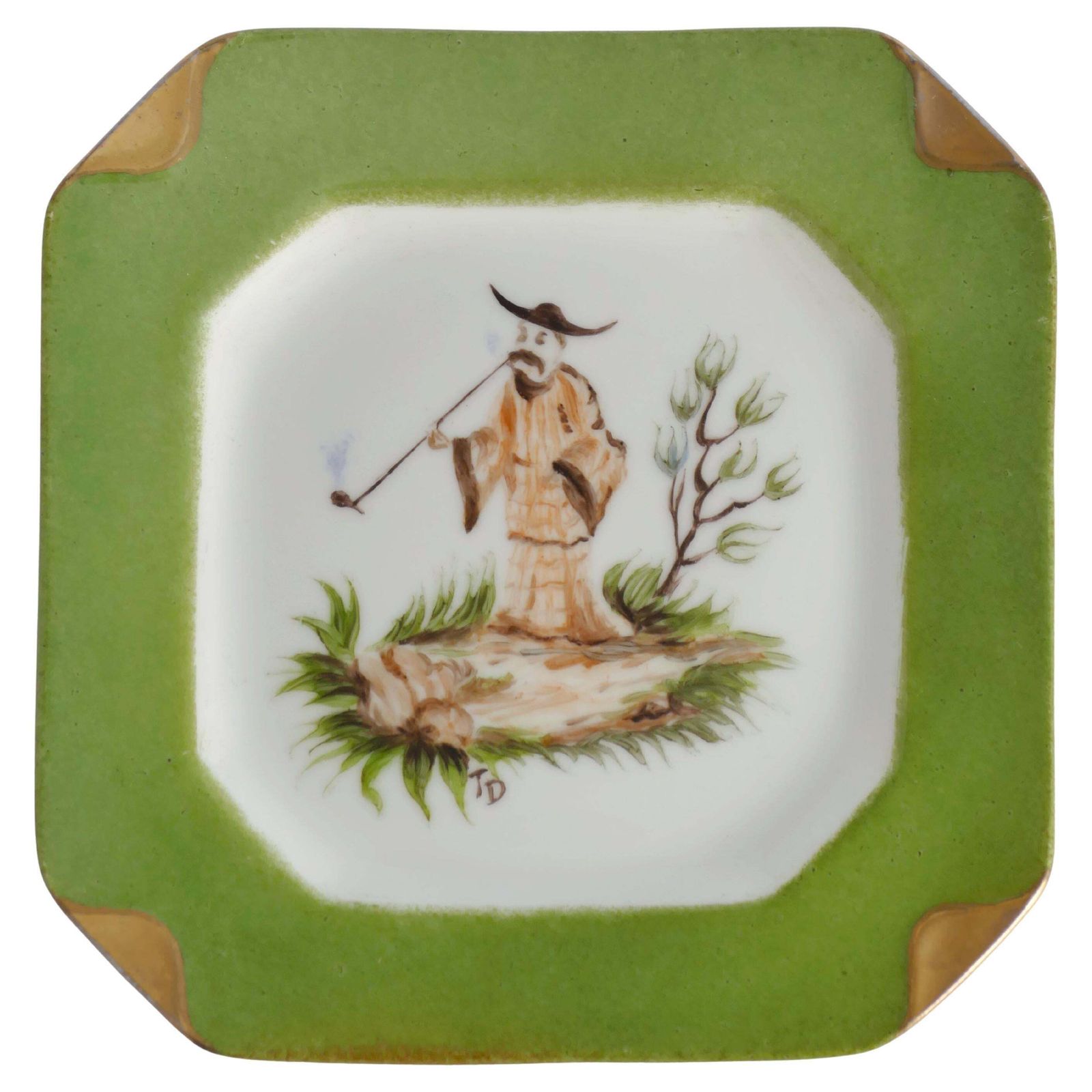 Handpainted Green And Gold Porcelain Ashtray With Chinoiserie Smoking Motif