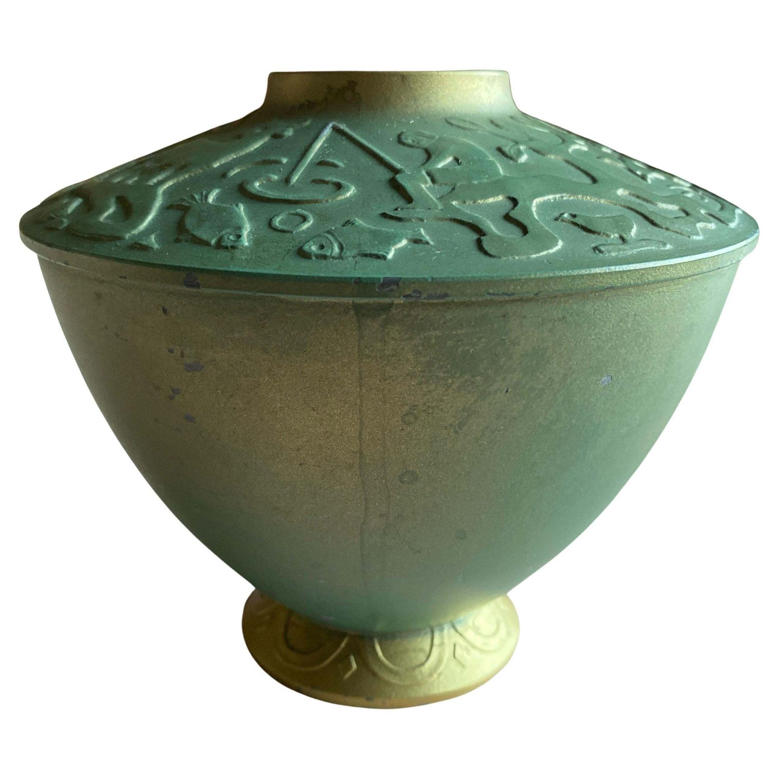 Art Deco Sage Green Metal Vase Attributed To Sonja Katzin, Stjärnmetall, 1940s