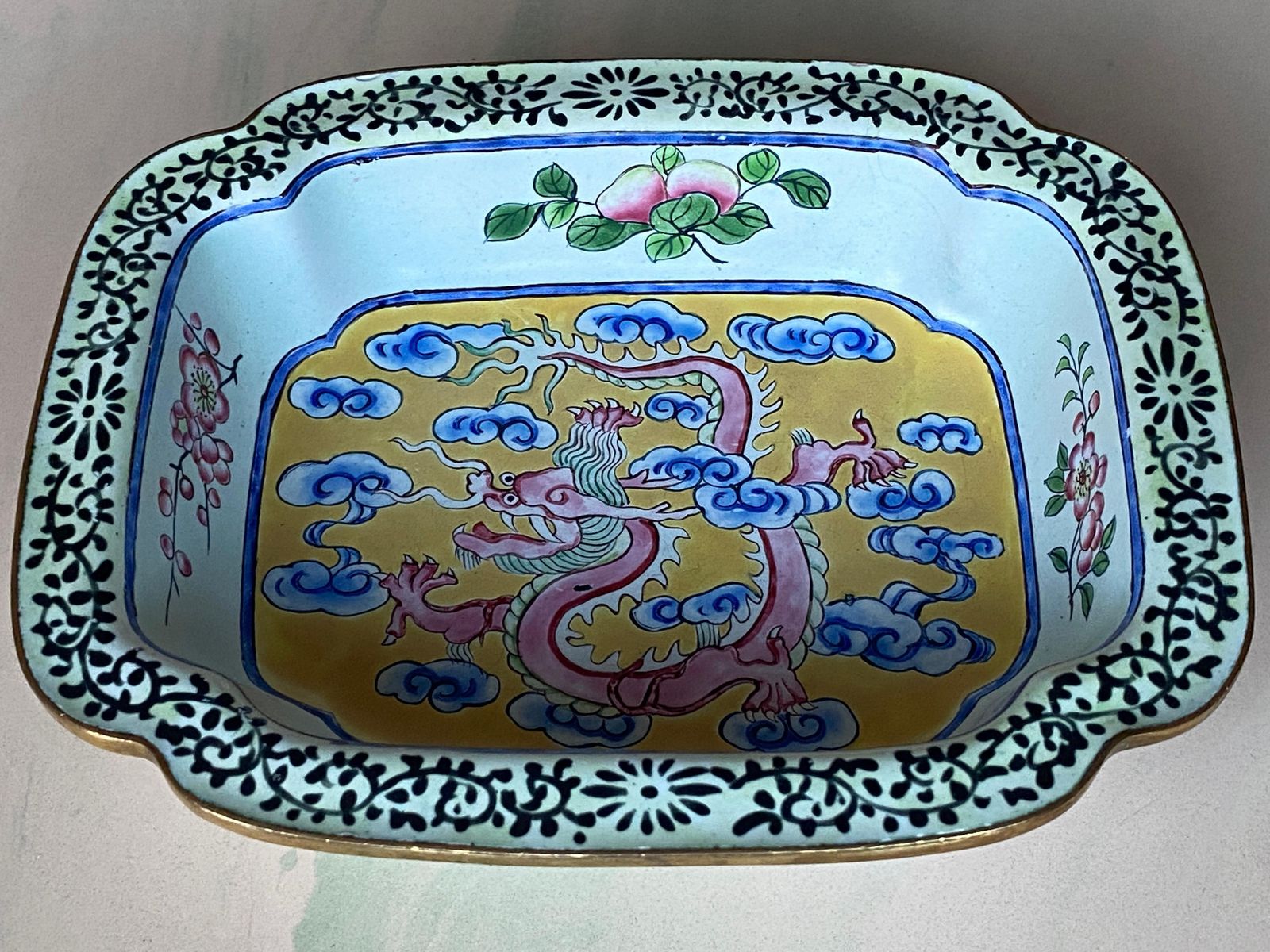 Qianlong Period Canton Enamel Square Dish With Dragon, China Late 18th Century photo vintage