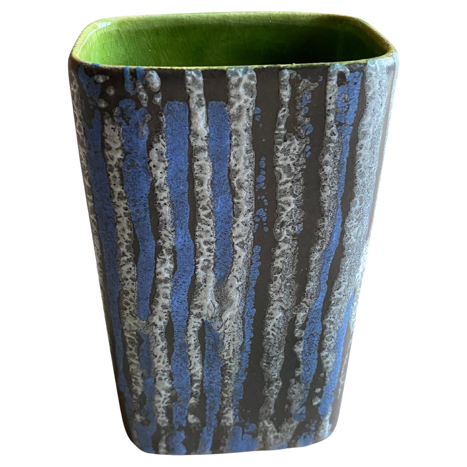 Midcentury Modern Blue And White Striped Fat Lava Stoneware Vase By Jasba, 1960s