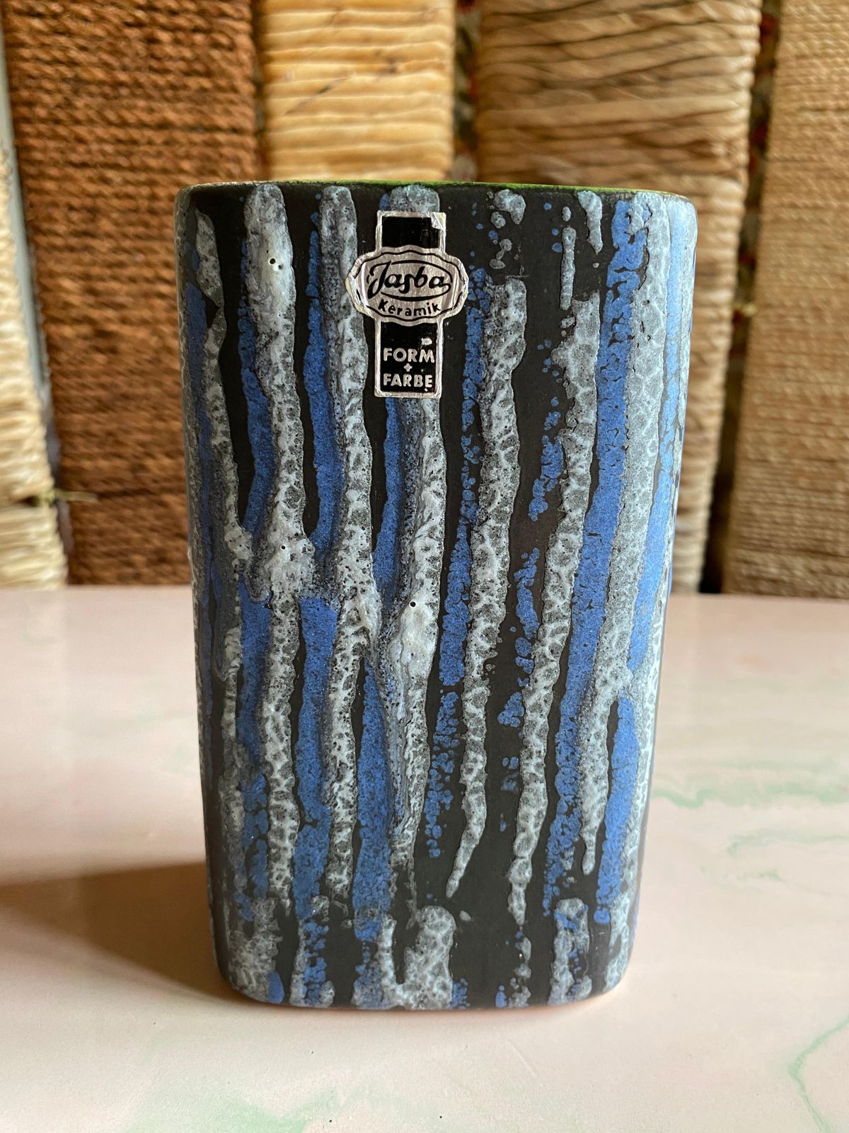 Midcentury Modern Blue And White Striped Fat Lava Stoneware Vase By Jasba, 1960s photo furniture