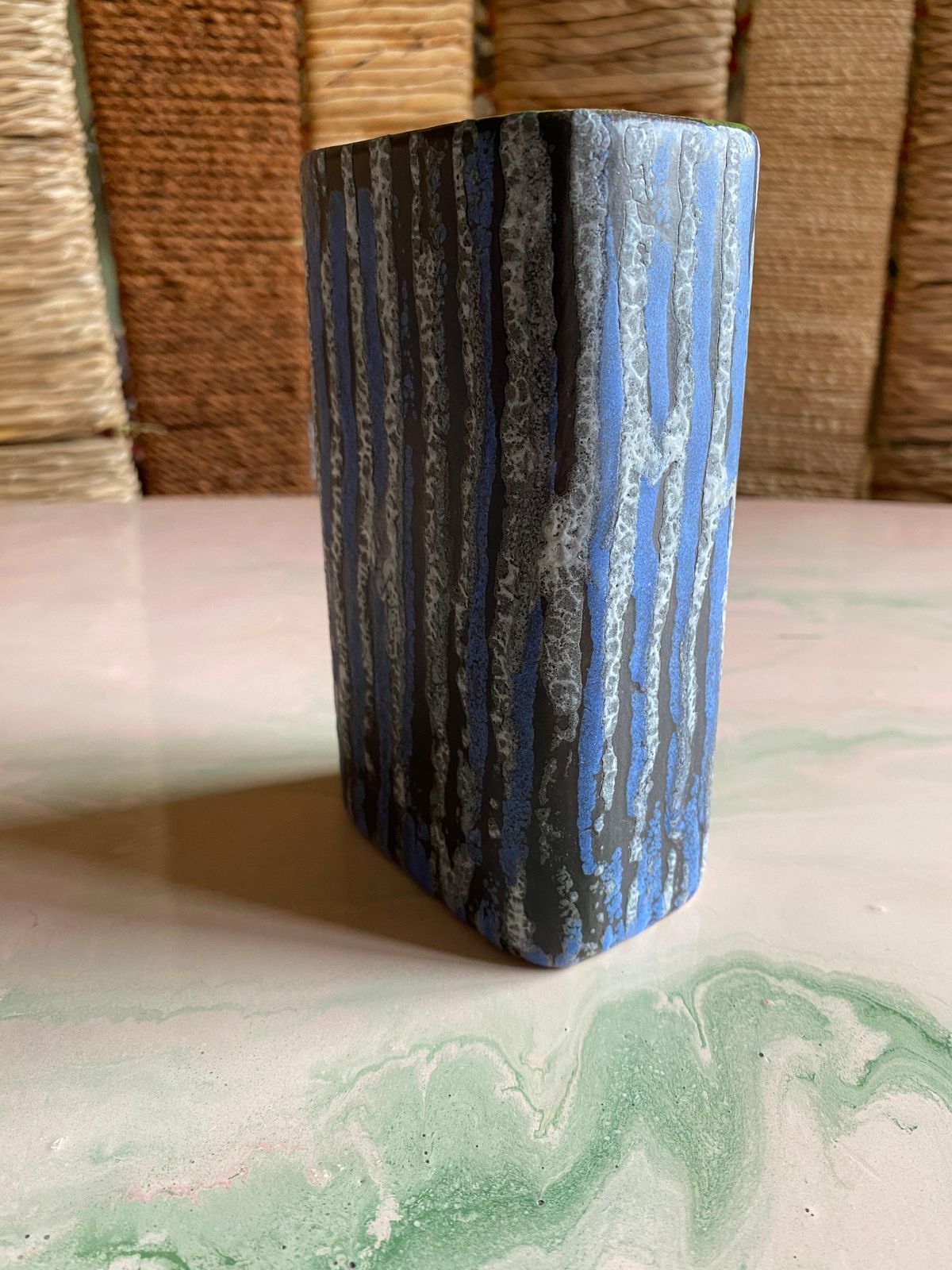 Midcentury Modern Blue And White Striped Fat Lava Stoneware Vase By Jasba, 1960s photo buy