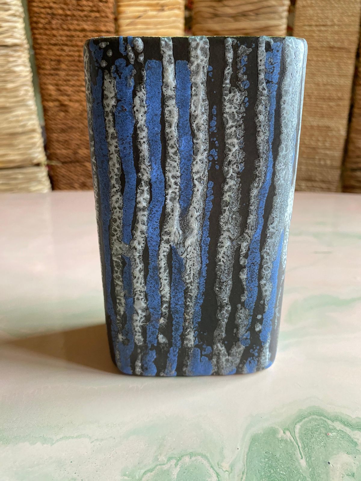 Midcentury Modern Blue And White Striped Fat Lava Stoneware Vase By Jasba, 1960s photo vintage