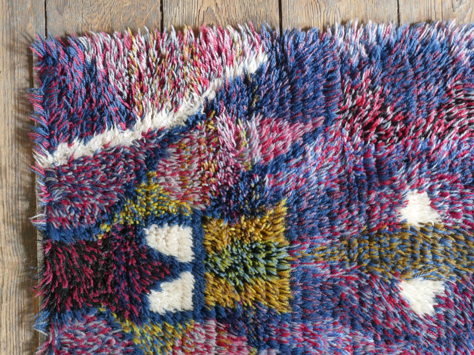 photo furniture Scandinavian Modern High Pile Geometric Handmade Wool Rya Rug, Sweden 1960s