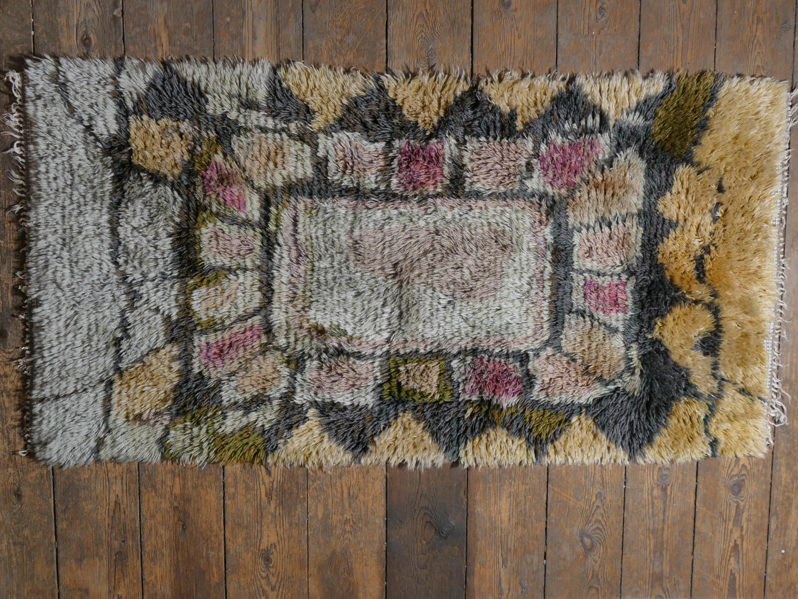 photo for sale Scandinavian Modern High Pile Geometric Handmade Wool Rya Rug, Sweden 1960s