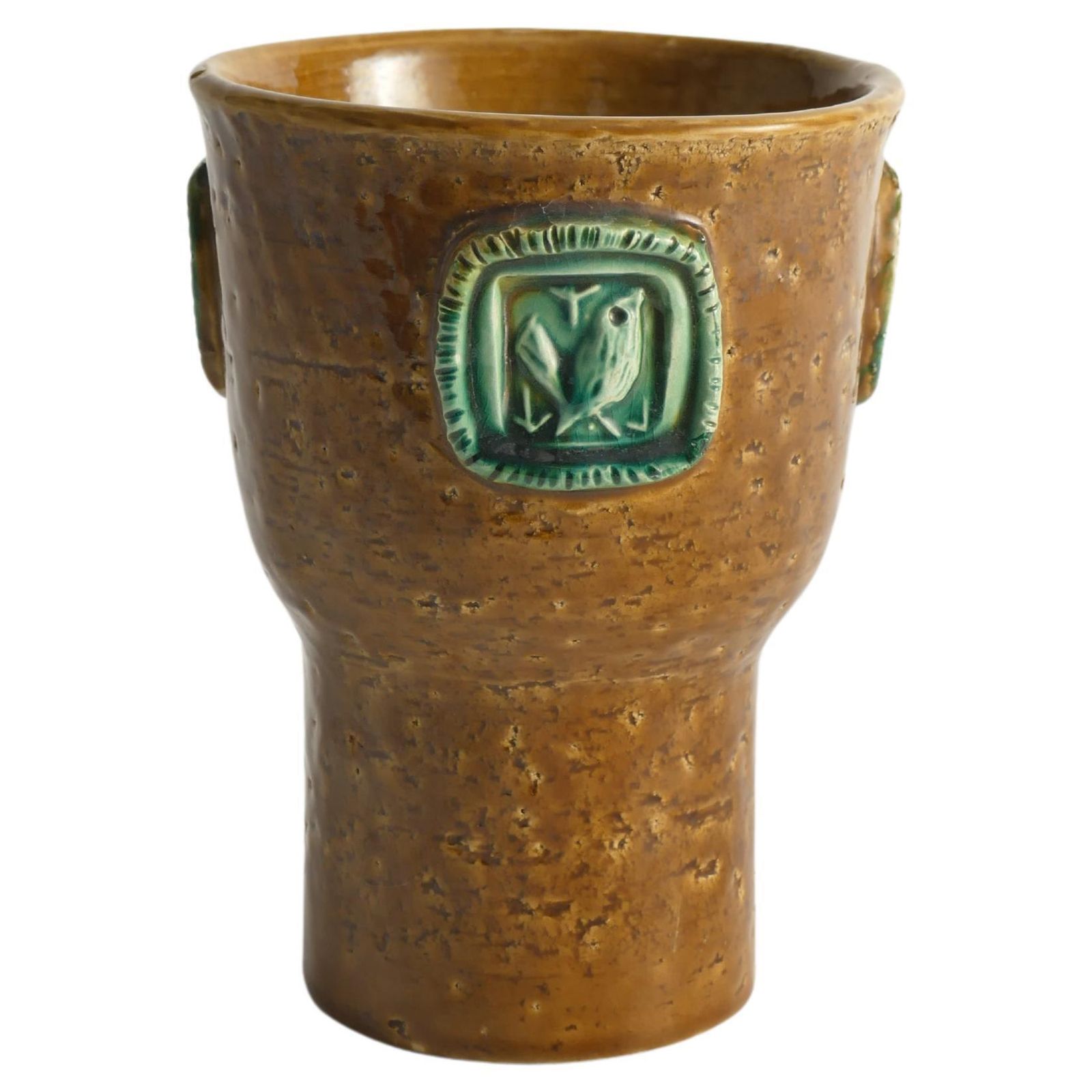 Mustard Brown Stoneware Vase With Celadon Green Birds By Aldo Londi For Bitossi