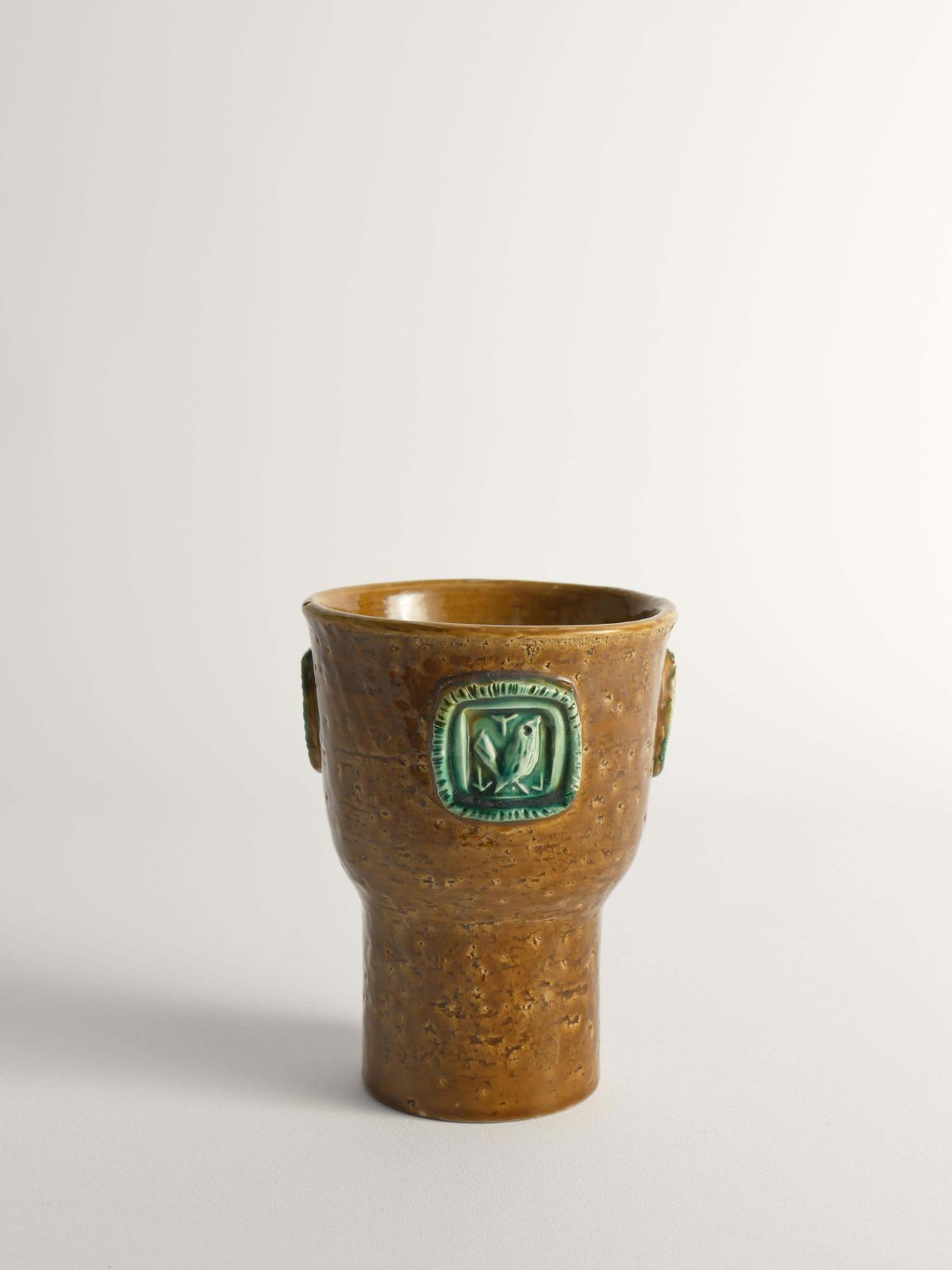 Mustard Brown Stoneware Vase With Celadon Green Birds By Aldo Londi For Bitossi photo 414.0