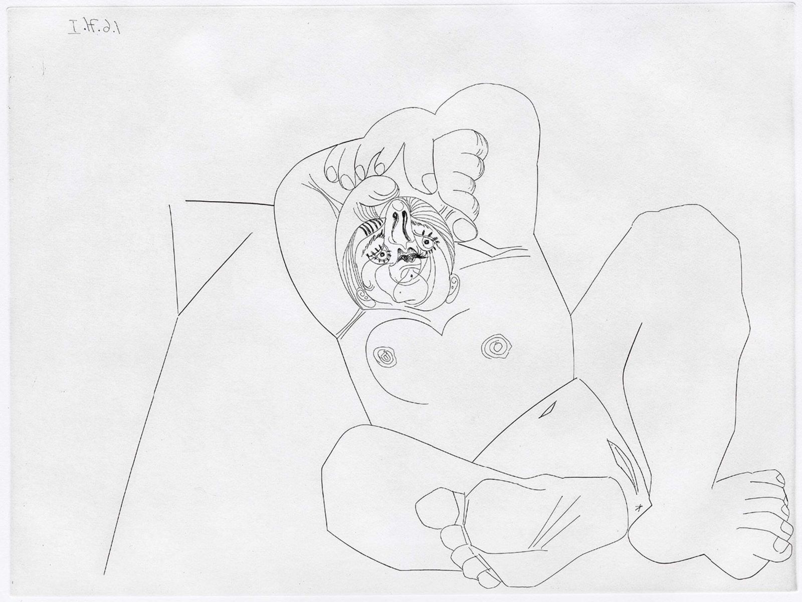 Femme Au Grand Nez, En Raccourci, Sur Un Lit   Pablo Picasso, Modern Art, Nude1978 photo furniture