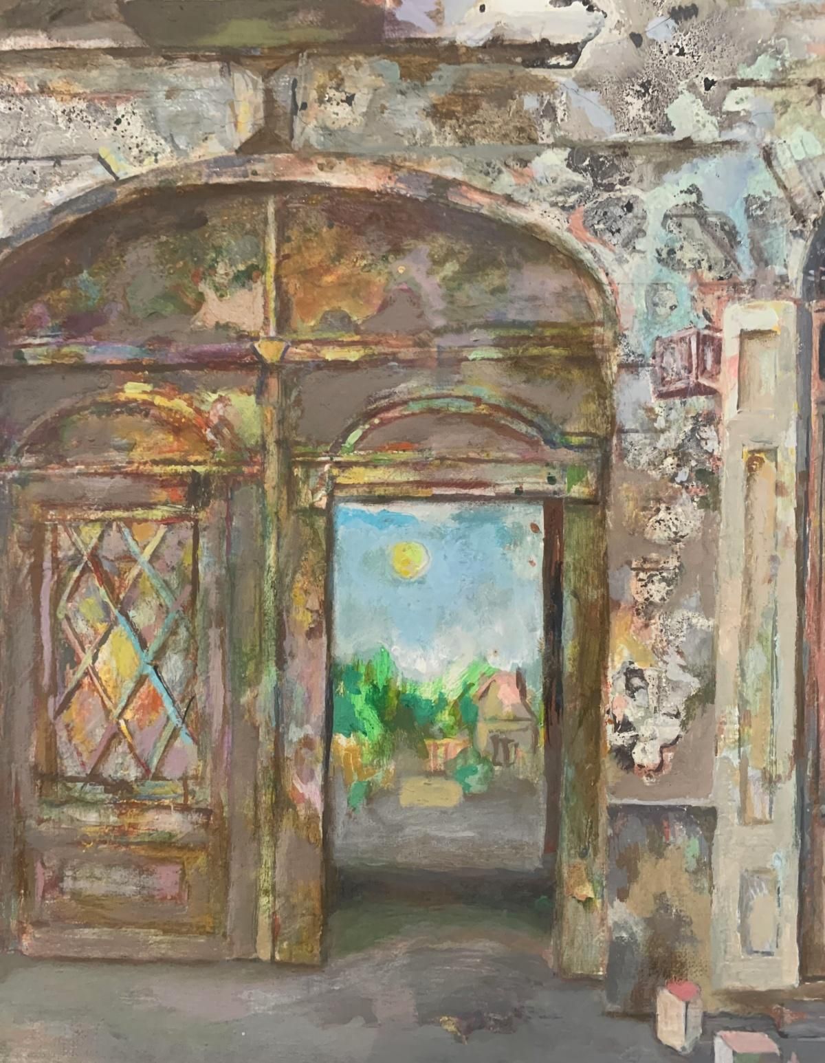 Janusz Mulaka Yard. Contemporary Figurative Oil & Acrylic Painting, Architecture, Polish Art2010 photo furniture