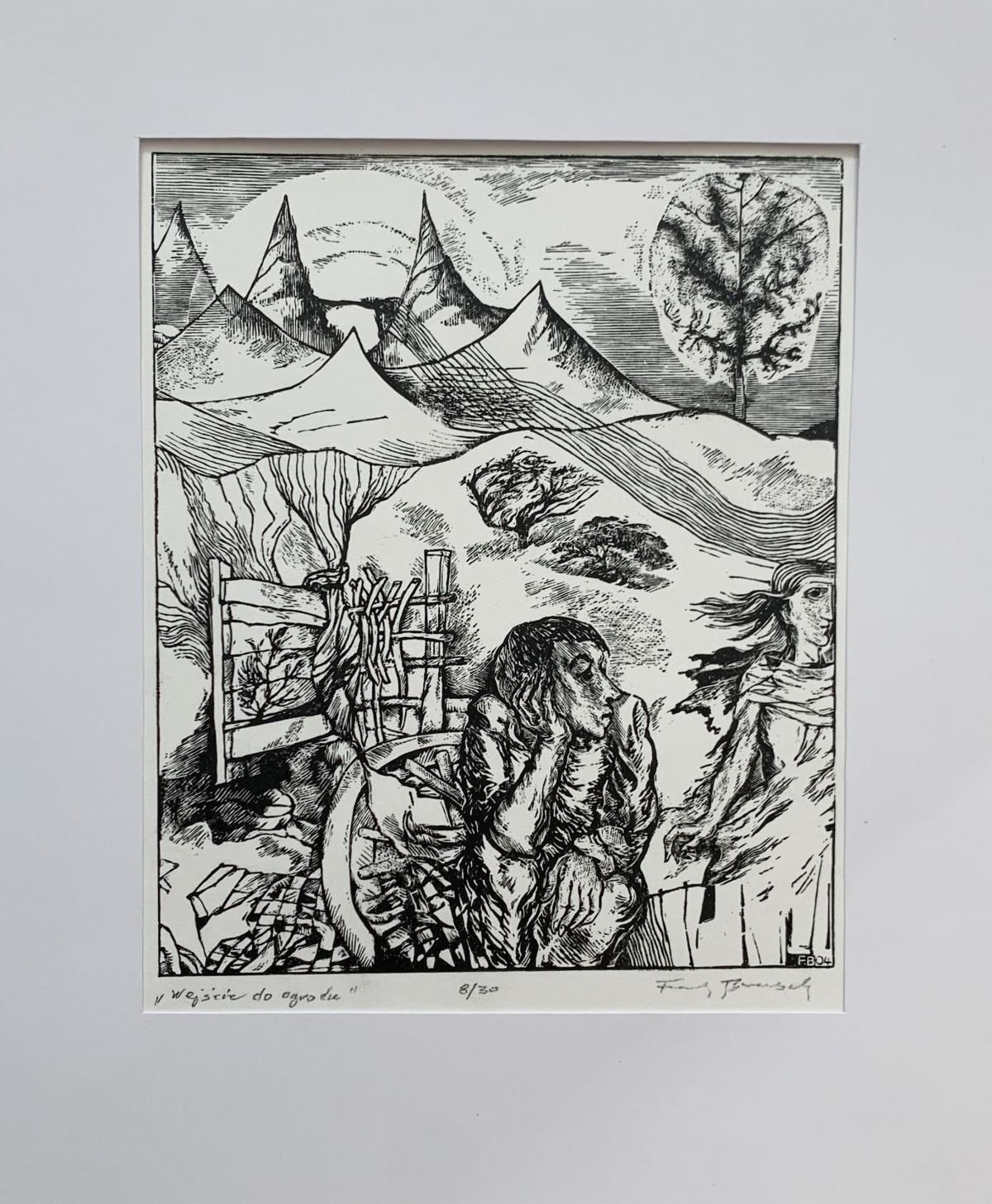 Franciszek Bunschentrance To Garden. Black And White Woodcut, Figurative, Polish Artist2004 photo furniture