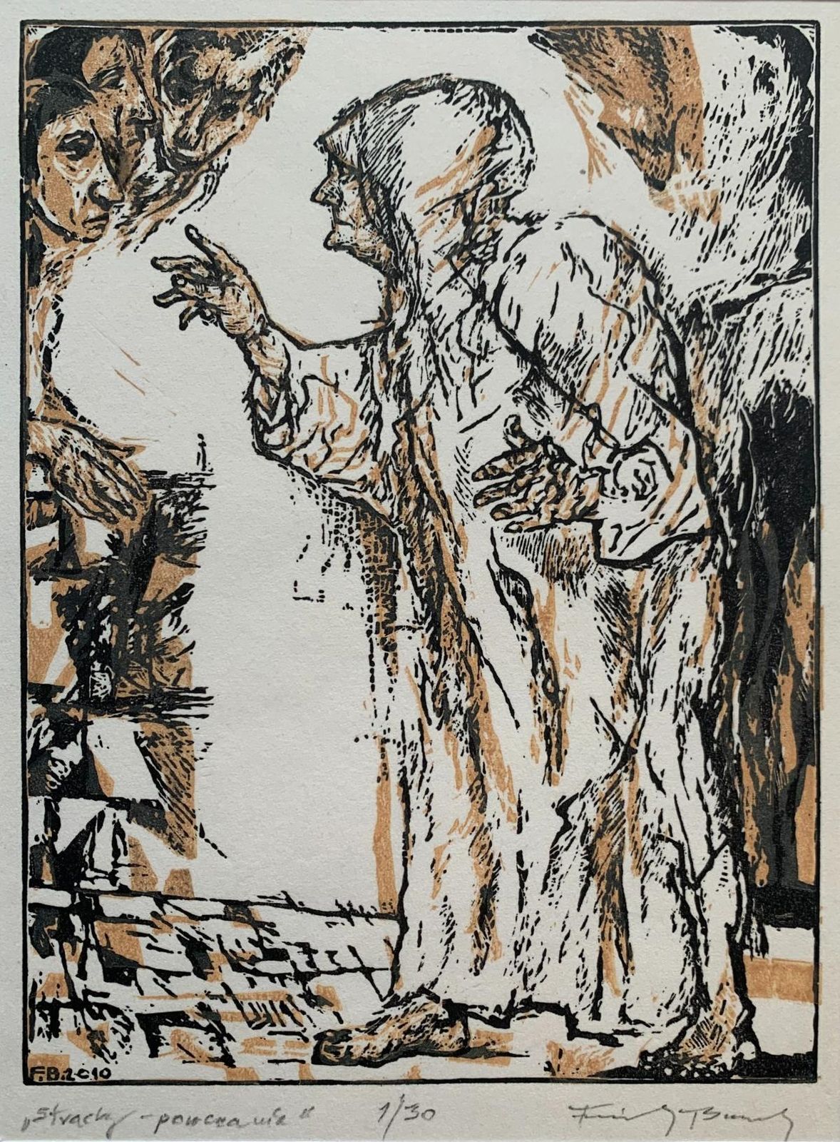 Franciszek Bunschfears   A Lesson. Black And White, Orange Linodcut, Figurative, Polish Artist2010 photo for sale