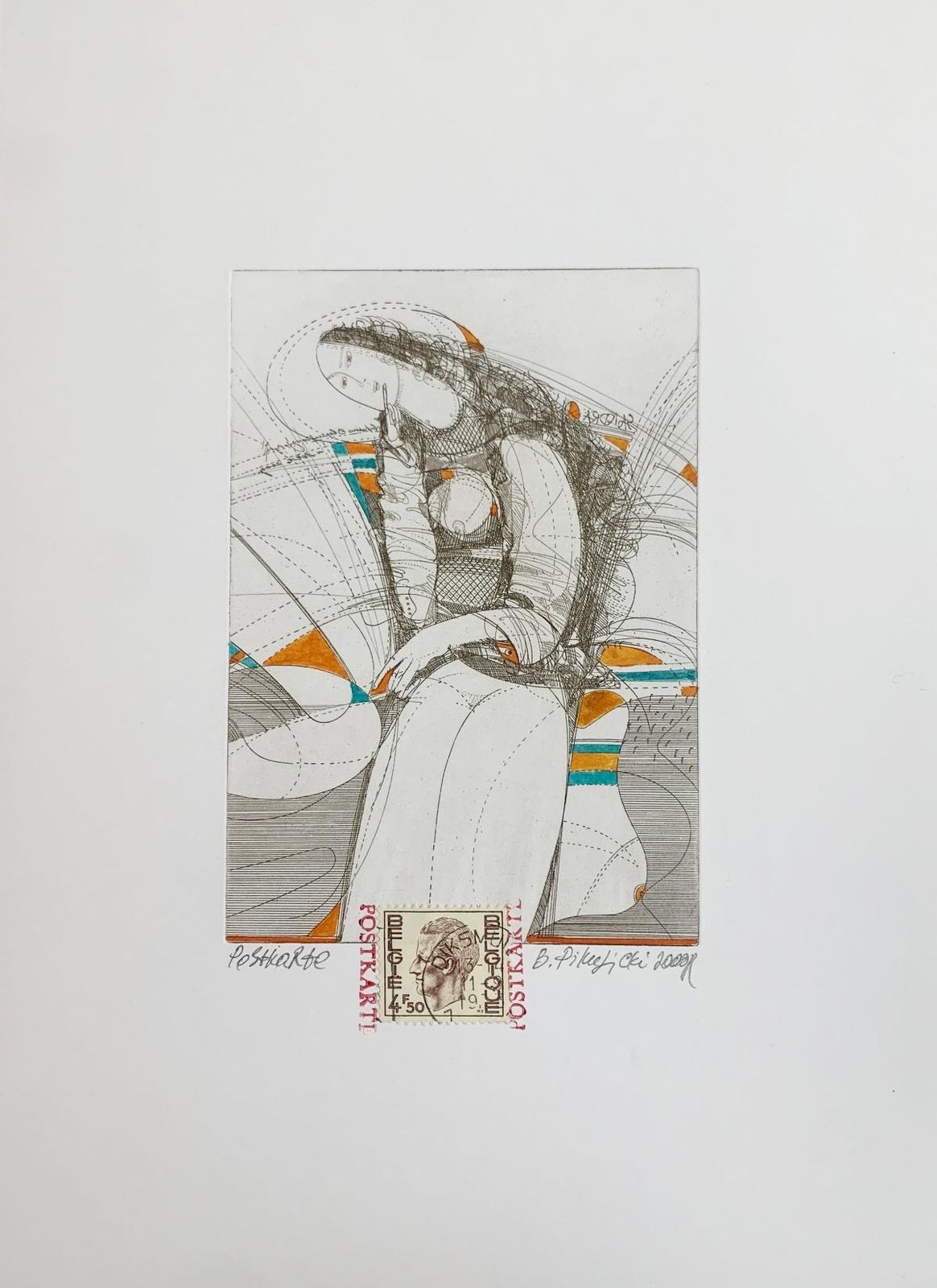 Bogdan Pikulickia Nude. Contemporary Print, Colorful, Post Stamp, European Artist2000 photo furniture