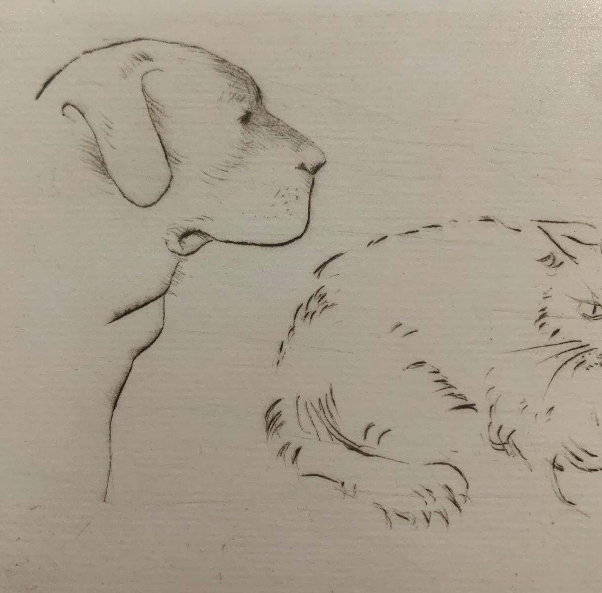 Leszek Rózgacat And Dog. Figurative Etching, Animals, Minimalistic, Polish Art1988 photo for sale