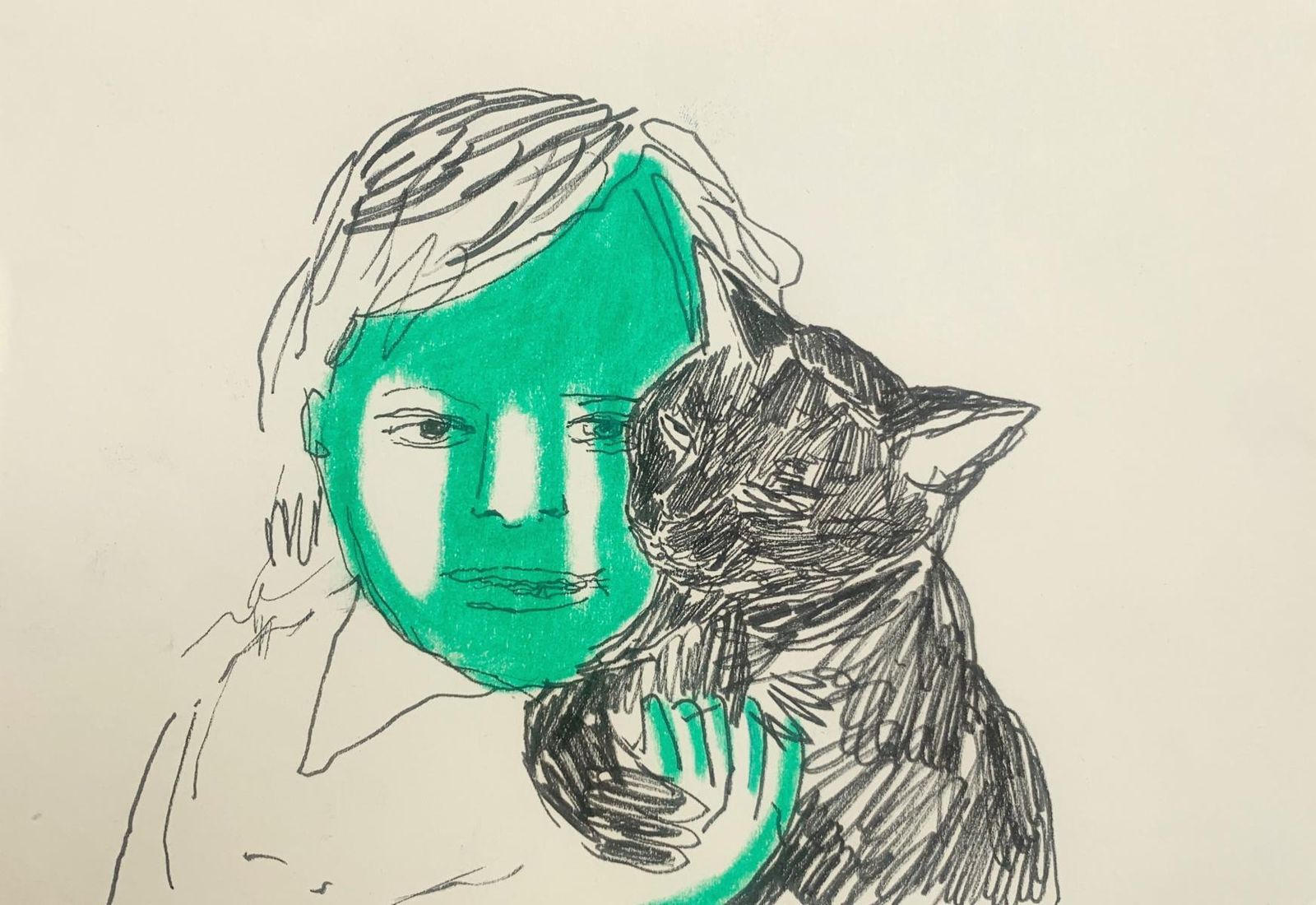 Hanna Ilczyszynboy With A Cat. Figurative Ink And Crayons Drawing, Polish Art2023