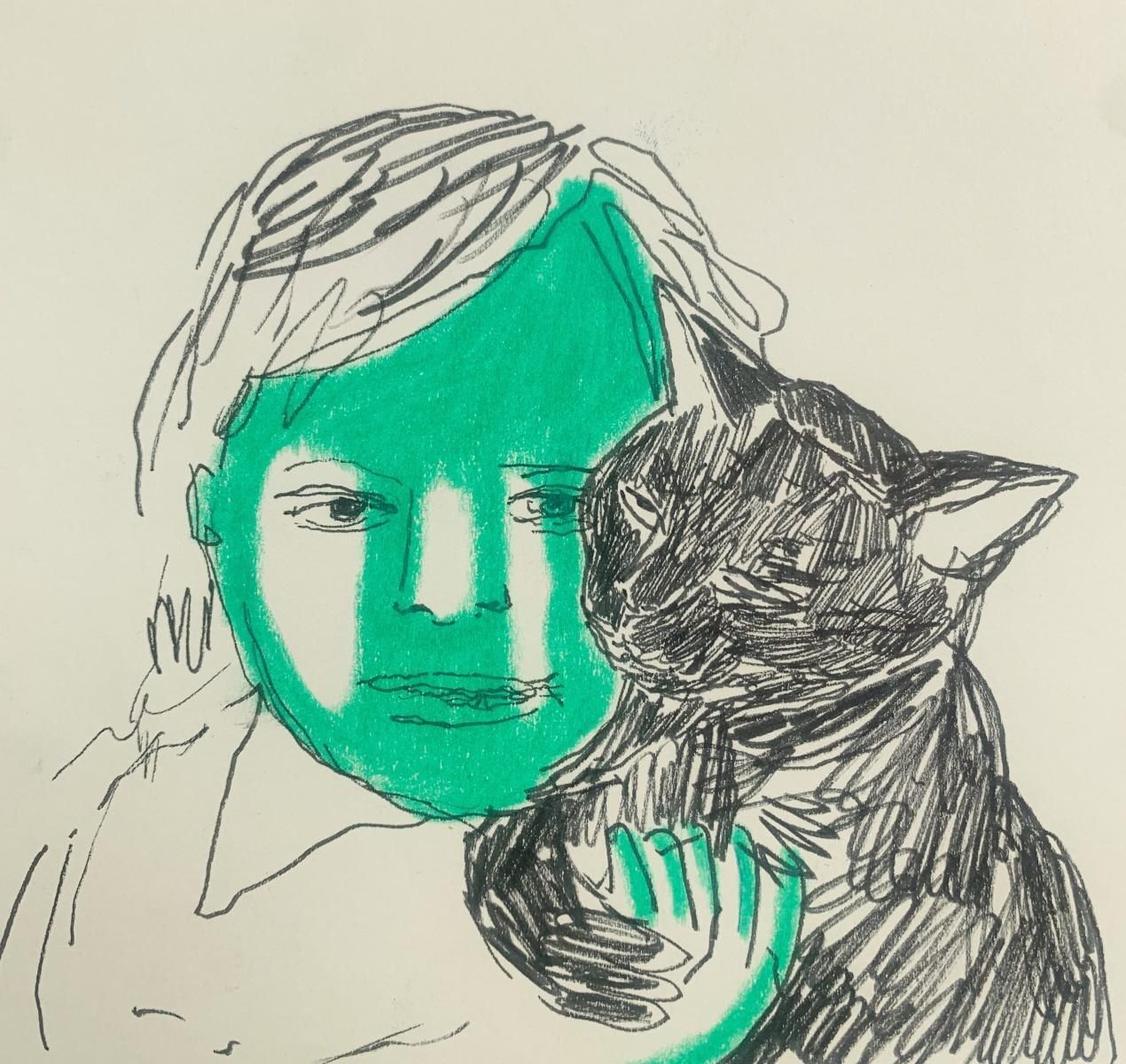 Hanna Ilczyszynboy With A Cat. Figurative Ink And Crayons Drawing, Polish Art2023 photo furniture