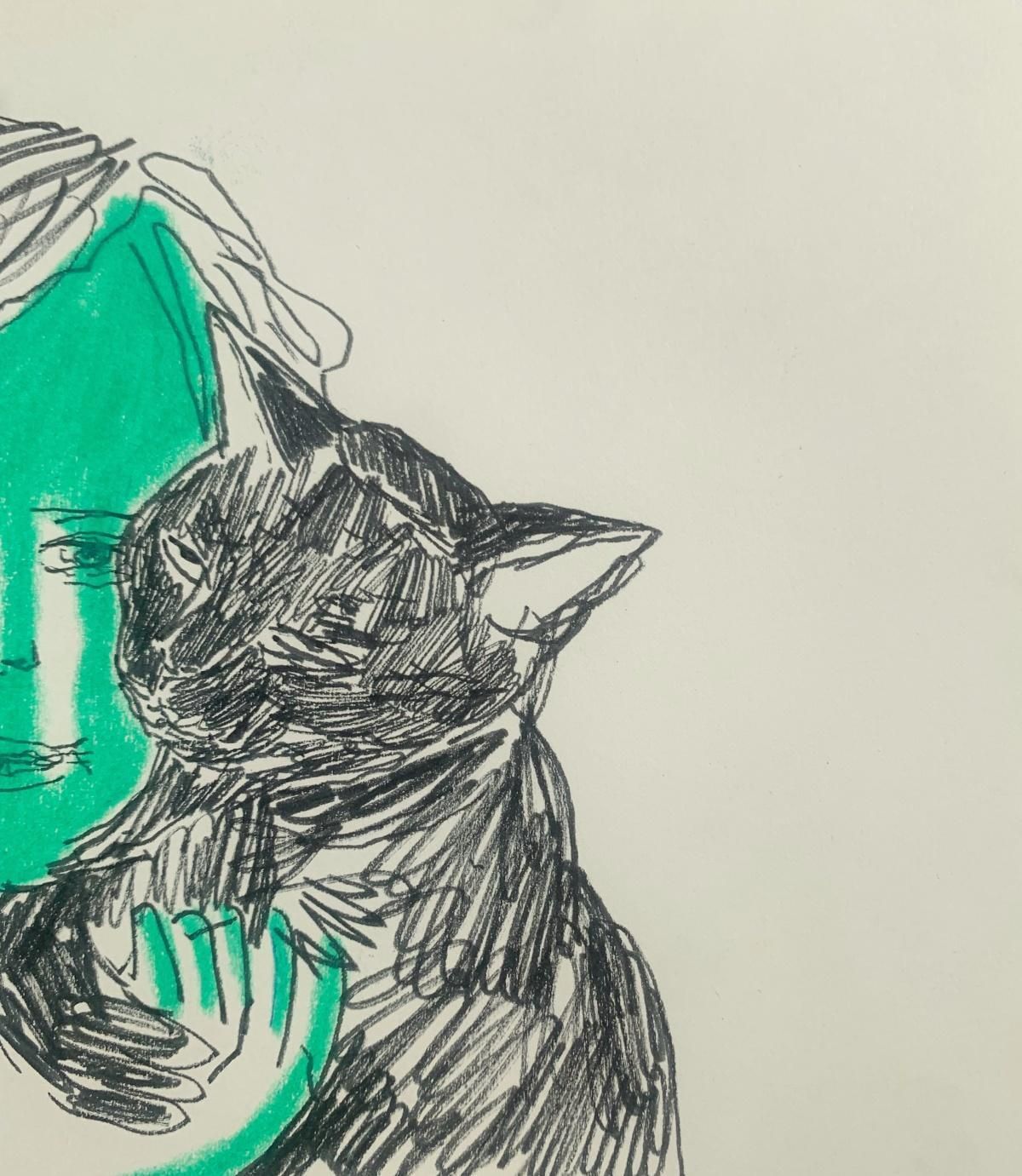 Hanna Ilczyszynboy With A Cat. Figurative Ink And Crayons Drawing, Polish Art2023 photo for sale