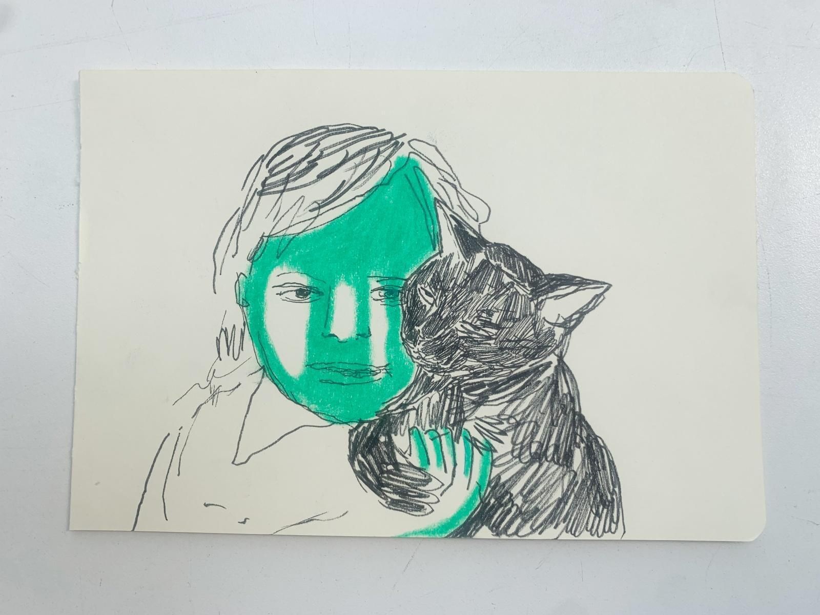 Hanna Ilczyszynboy With A Cat. Figurative Ink And Crayons Drawing, Polish Art2023 photo Art
