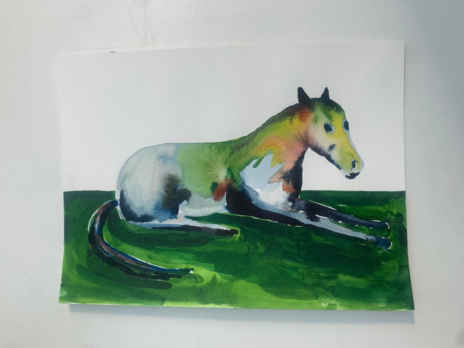 Hanna Ilczyszynnocefresca. Colorful Figurative Watercolor Drawing, Horse, Polish Artist2024 photo Art