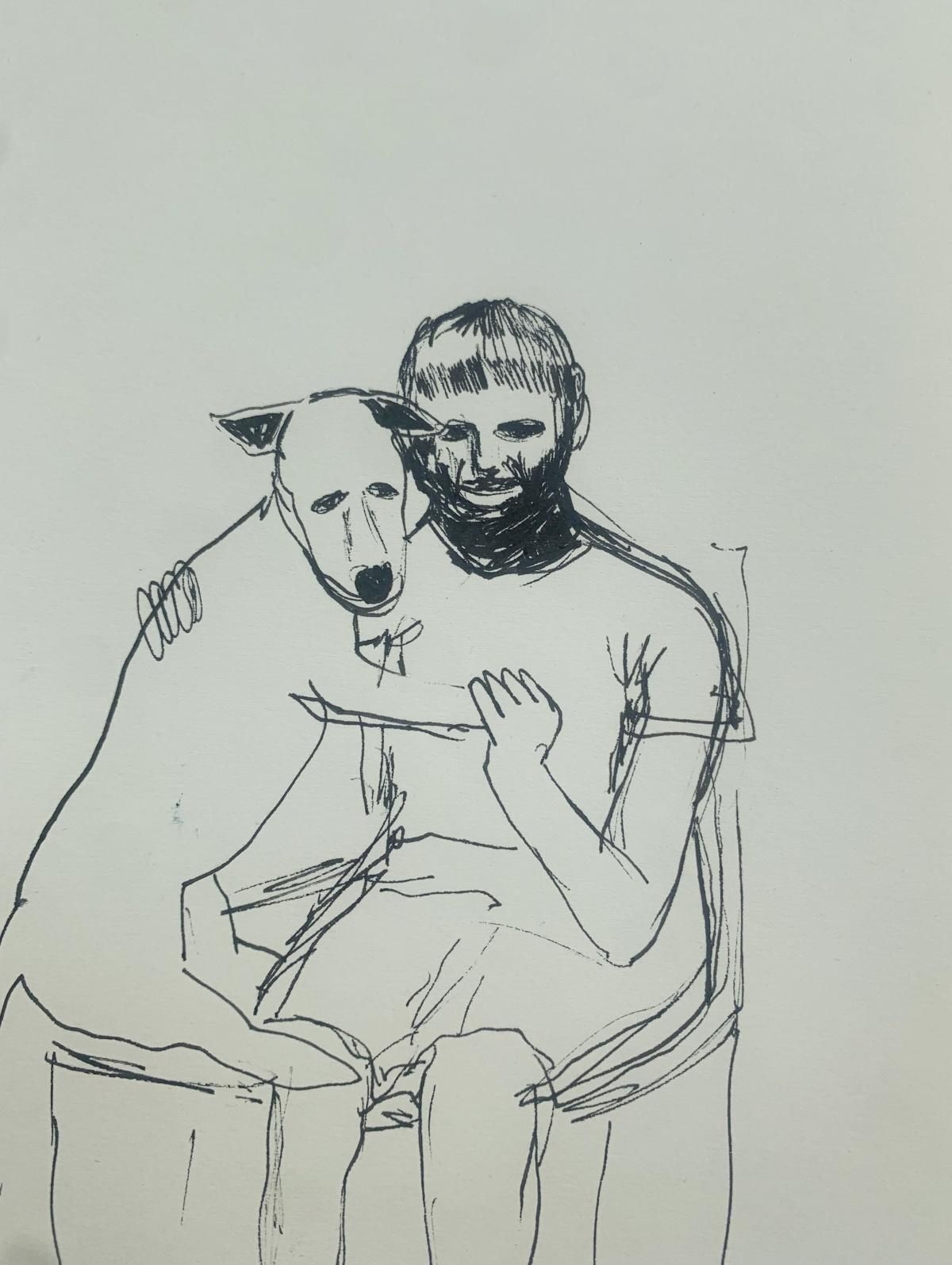 Hanna Ilczyszynboy With A Dog. Figurative Ink Drawing, Minimalistic, Polish Art2023 photo furniture